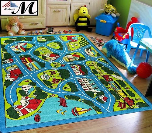 Miniatura 4 de Mybecca Street map - Alfombra de juego para niños con luz azul cielo, 5 x 7 pies (aprox. 4 pies 11 pulgadas x 6 pies 10 pulgadas), base de gel