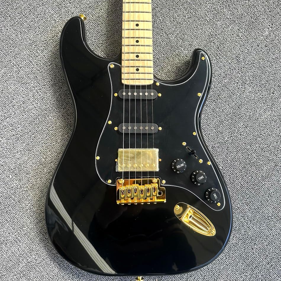 Chitarra elettrica nera personalizzata con tastiera in acero e hardware dorato - Guitarra Electrica professionale