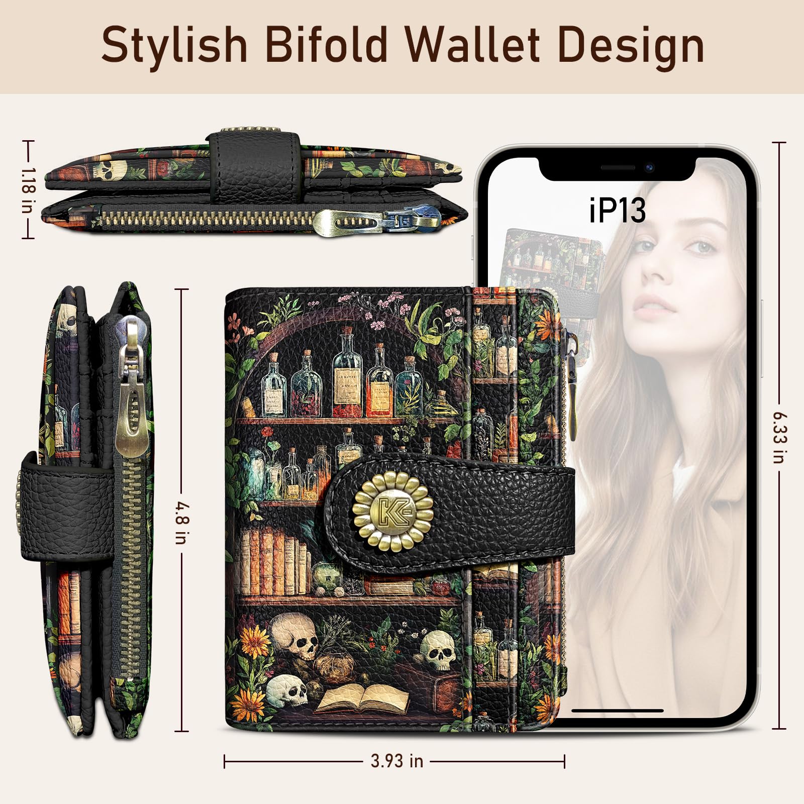 Bookshelves Skull Goth Gothic Small Rfid Women Wallet Bifold Zipper Coin Pocket PU Leather Compact Cash Credit Card Holder Travel Wallet Female Ladies Teen Girls 1 ID Window 10 Card Slots