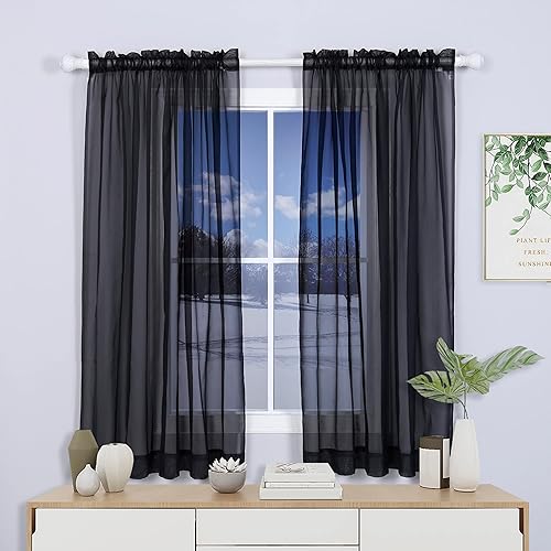 Miniatura 1 de Snugray Cortinas traslúcidas negras de 59 x 72 pulgadas de largo para elegantes cortinas básicas clásicas con bolsillo para barra, juego de 2 paneles