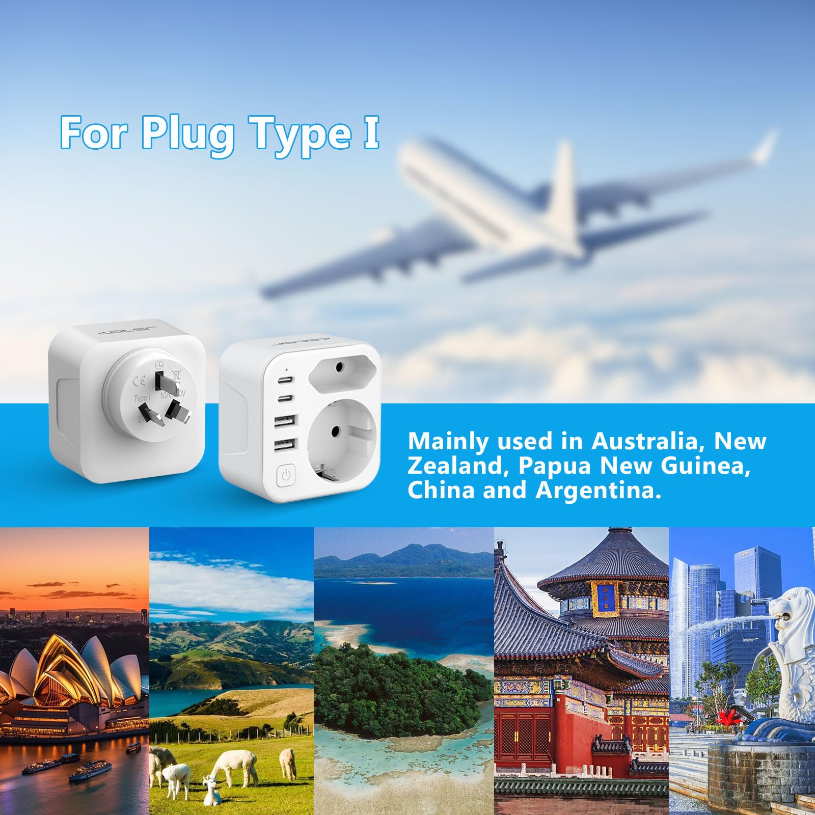 JSVER Adaptateur Prise Australie/Chine 6 en 1 Type I Voyage France vers Australie Argentine avec 2 USB A 2 Type C 17W 2 Prise Blanc