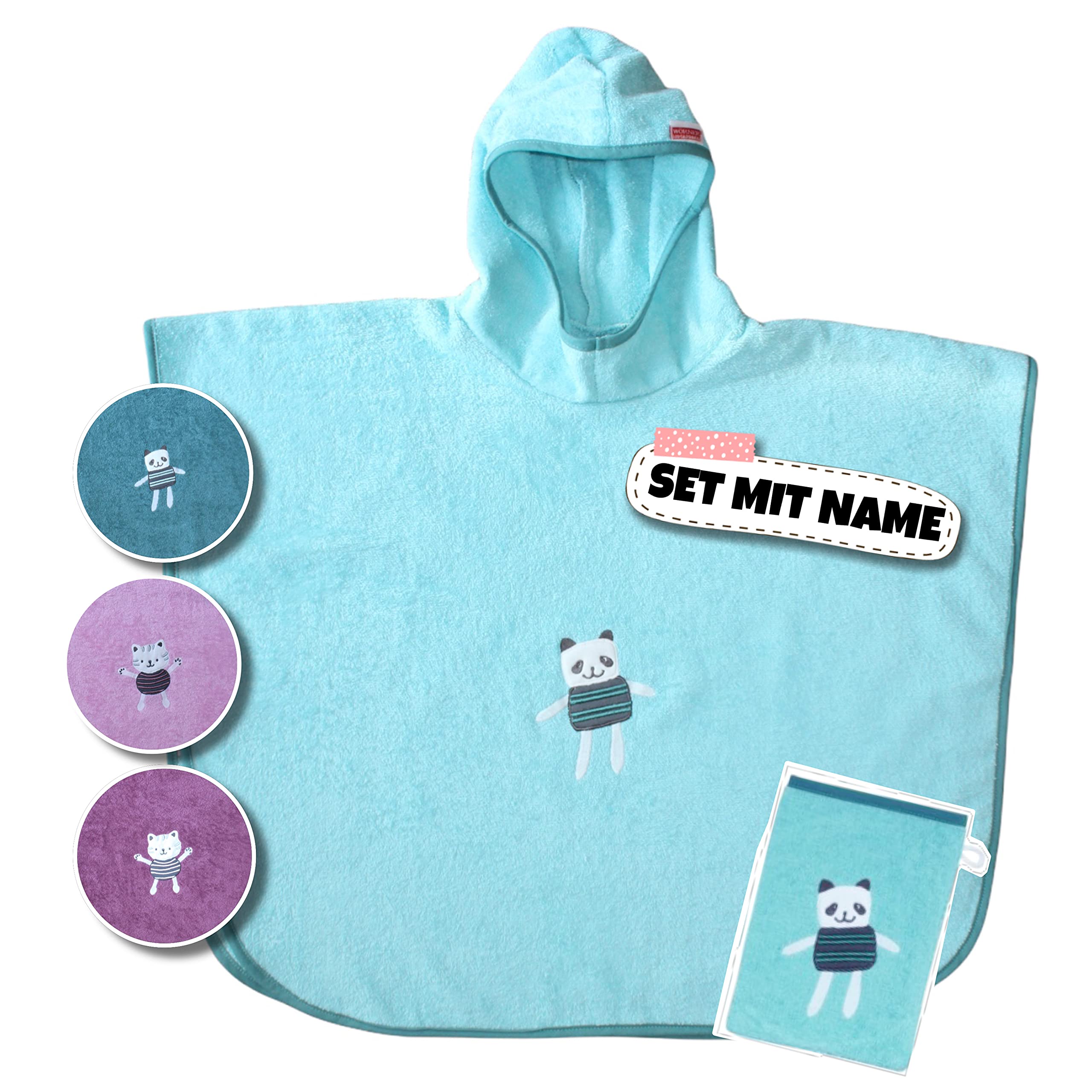 SET Kinder Poncho + Waschlappen personalisiert | 100% Baumwolle | personalisiert mit Namen | Baby Kapuze Bademantel Kinder | Badeponcho | Kinder Badetuch | bis 7 Jahre (Bär Mint)