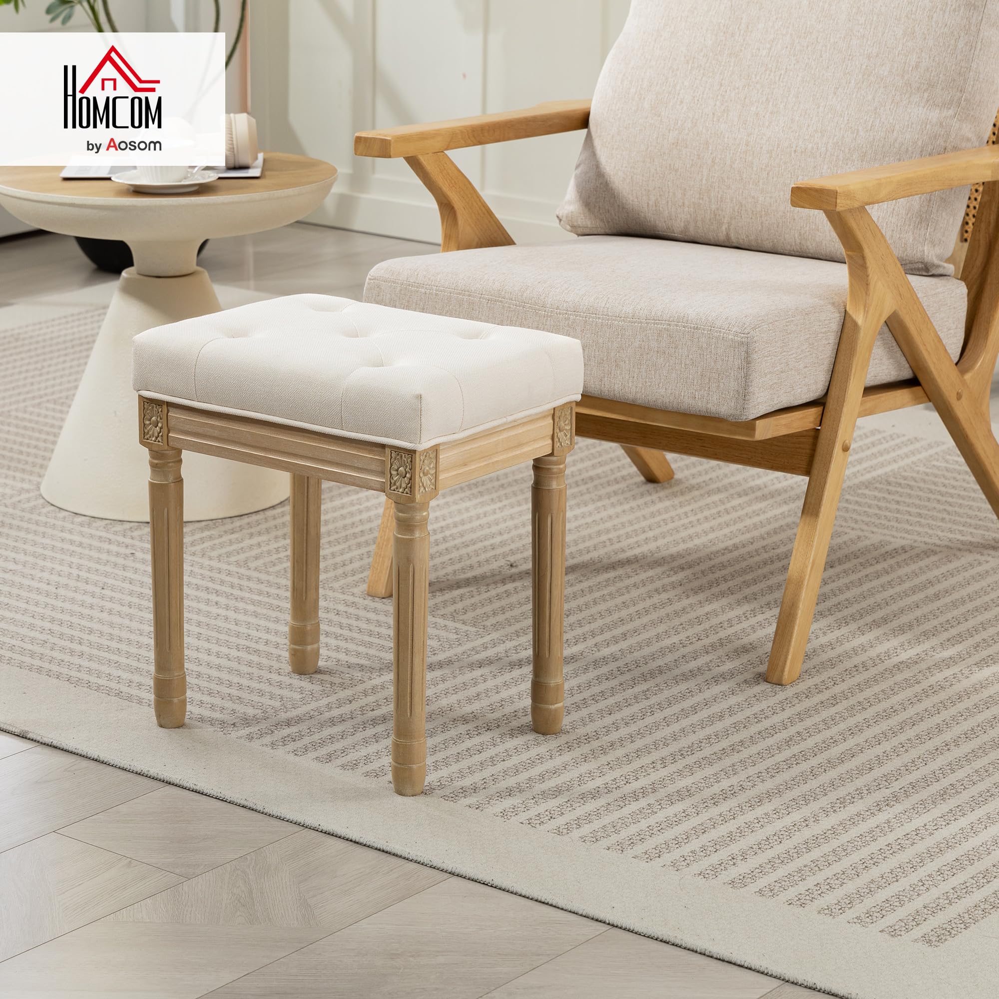 HOMCOM Reposapiés Salón Rústico Tapizado para Dormitorio Sofá Beige | Taburete Bajo, Lino Sintético, Patas Talladas de Madera, Otomana
