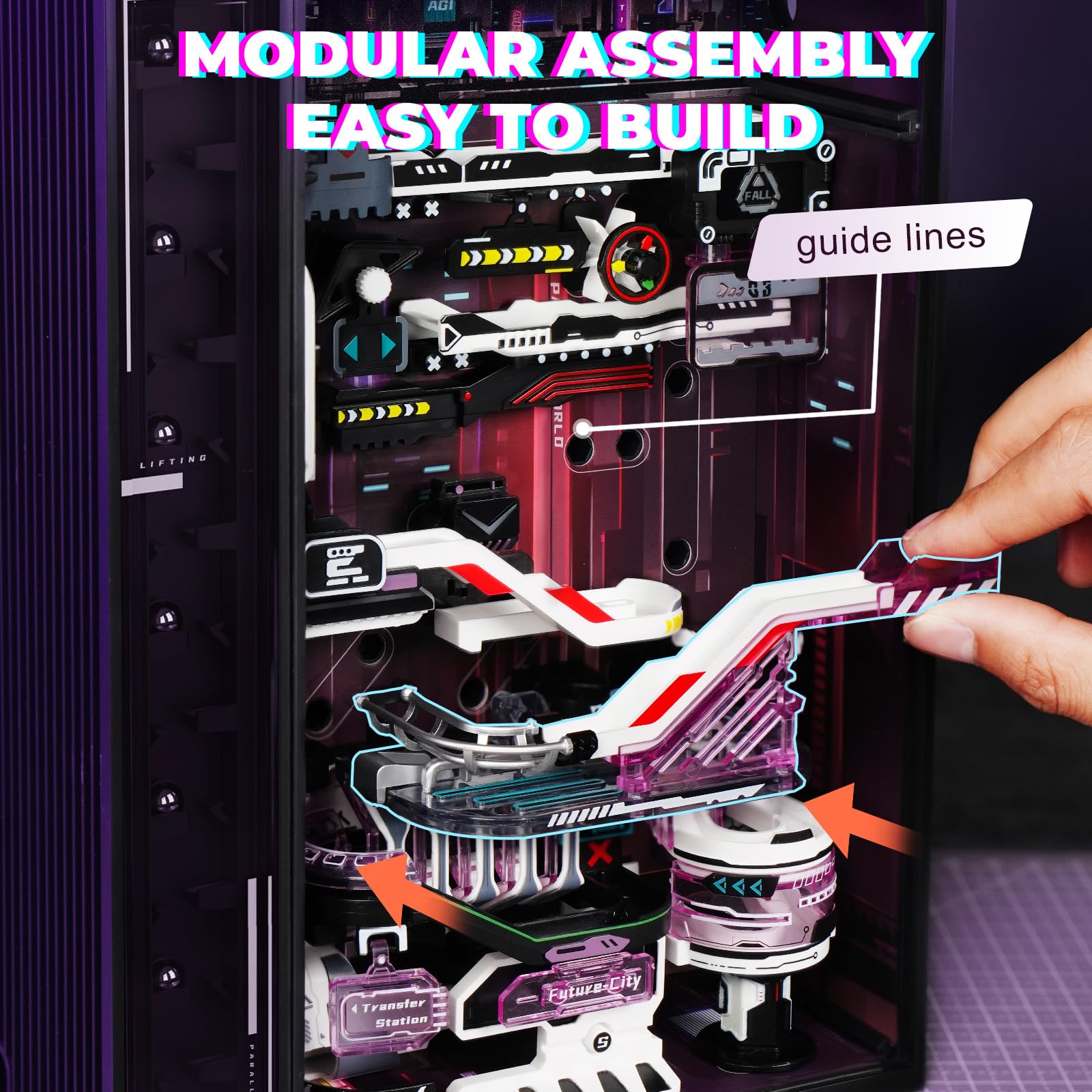 ROBOTIME Zestawy modeli puzzli 3D: DIY Marble Run Model Building dla dorosłych do zbudowania z oświetleniem LED Techniczne rękodzieło puzzle biurko gamingowe, ostatnie miasto i przyszłe miasto MRX01