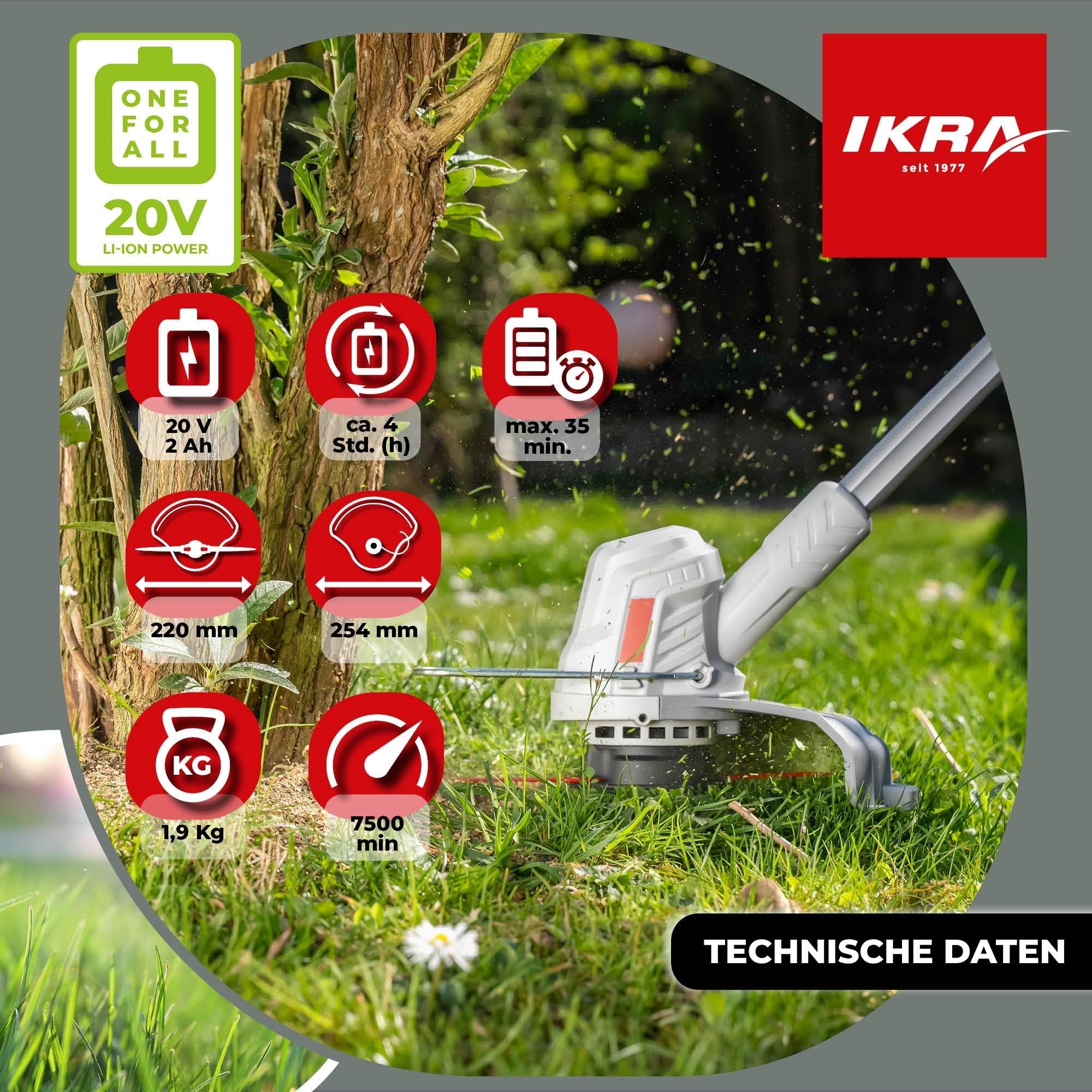 IKRA 2in1 Akku Rasentrimmer IART 2025 inkl. Fadenspule & 20 Nylonmesser | Inkl. Akku 20V 2,0Ah & Ladegerät, 2 Schneidsysteme, Teleskop-Höhenverstellung, 1,9kg leicht, 20 Volt Akku-Familie von IKRA