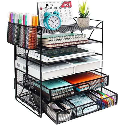 POZEAN 6 Tier Desk Organizer with 2 Drawers, File Organizer for Desk with 2 Pen Holders, File Holder Paper Organizer for Desk, Desk Organizers and Storage for Office Home School