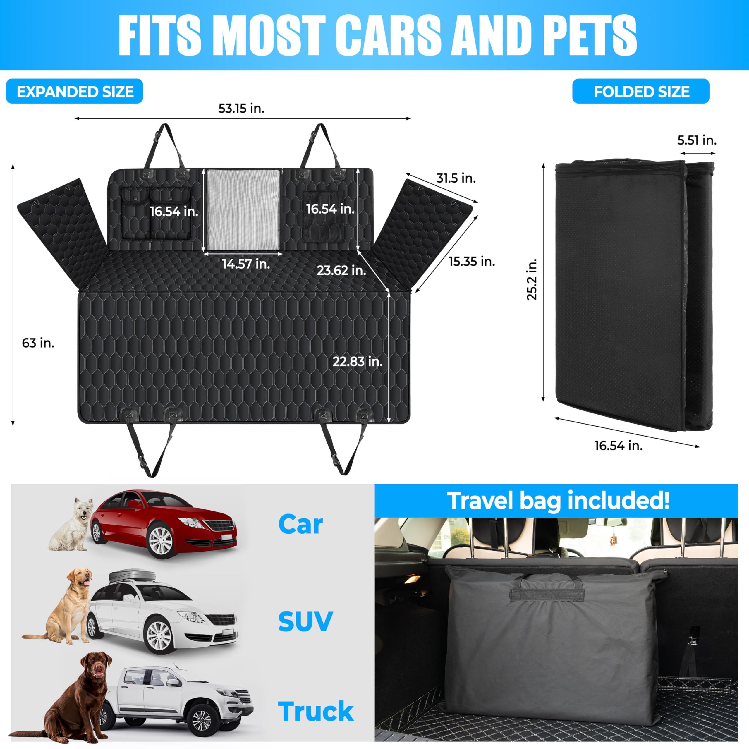 Dog Back Seat Cover Hard Bottom - Holds 400lbs - Waterproof Dog Hammock for Car - 40% Extra Space - Car, SUV & Truck Universal Size - Pet Seat Cover for Back Seat - Seat & Door Protector - image 6