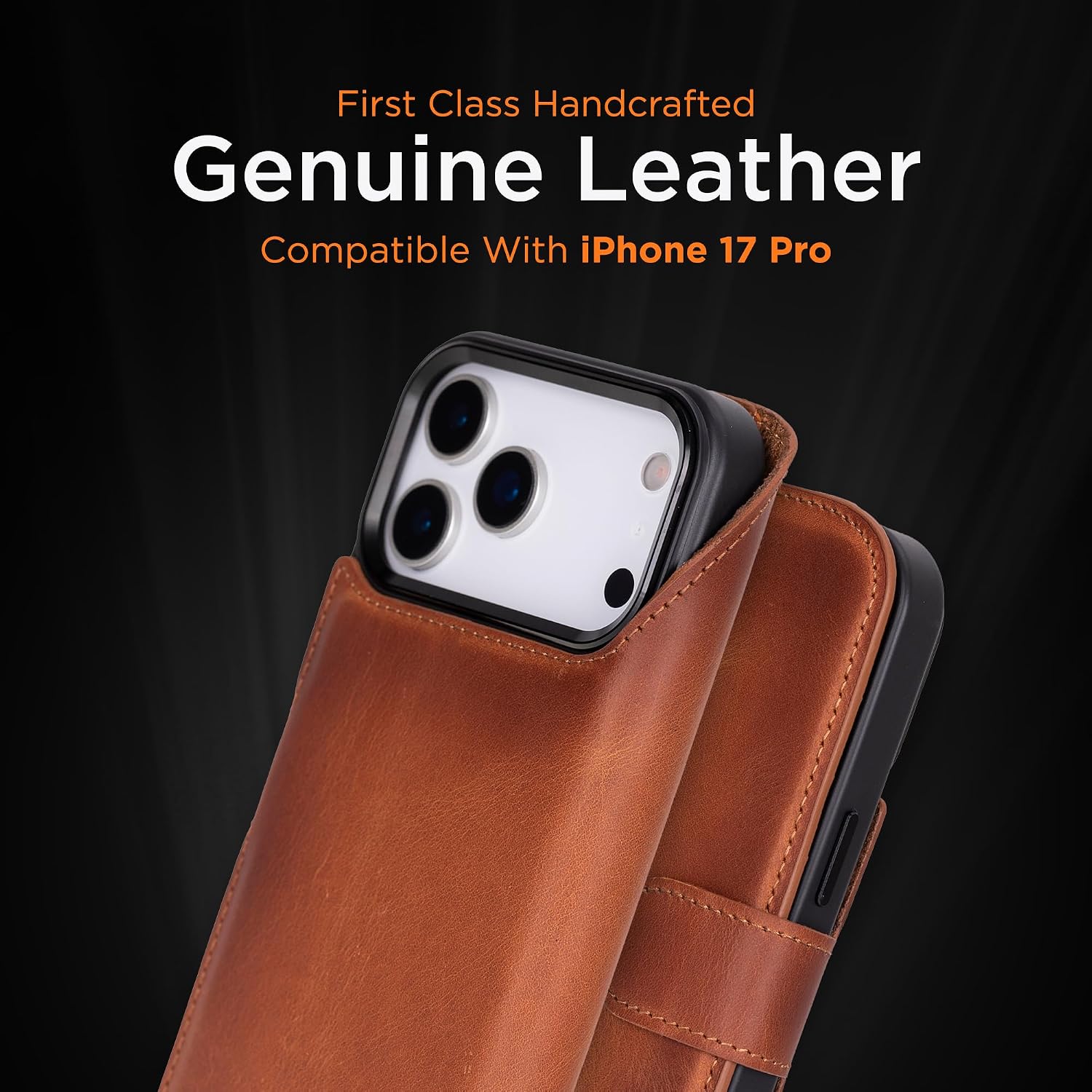 Bayelon Wallet Case for iPhone 17 Pro 6.3", Full Grain Leather Wallet Case, Detachable Magnetic Flip Folio Cover, Card Holder, MagSafe Compatible, RFID Blocking Case (Vintage Brown)
