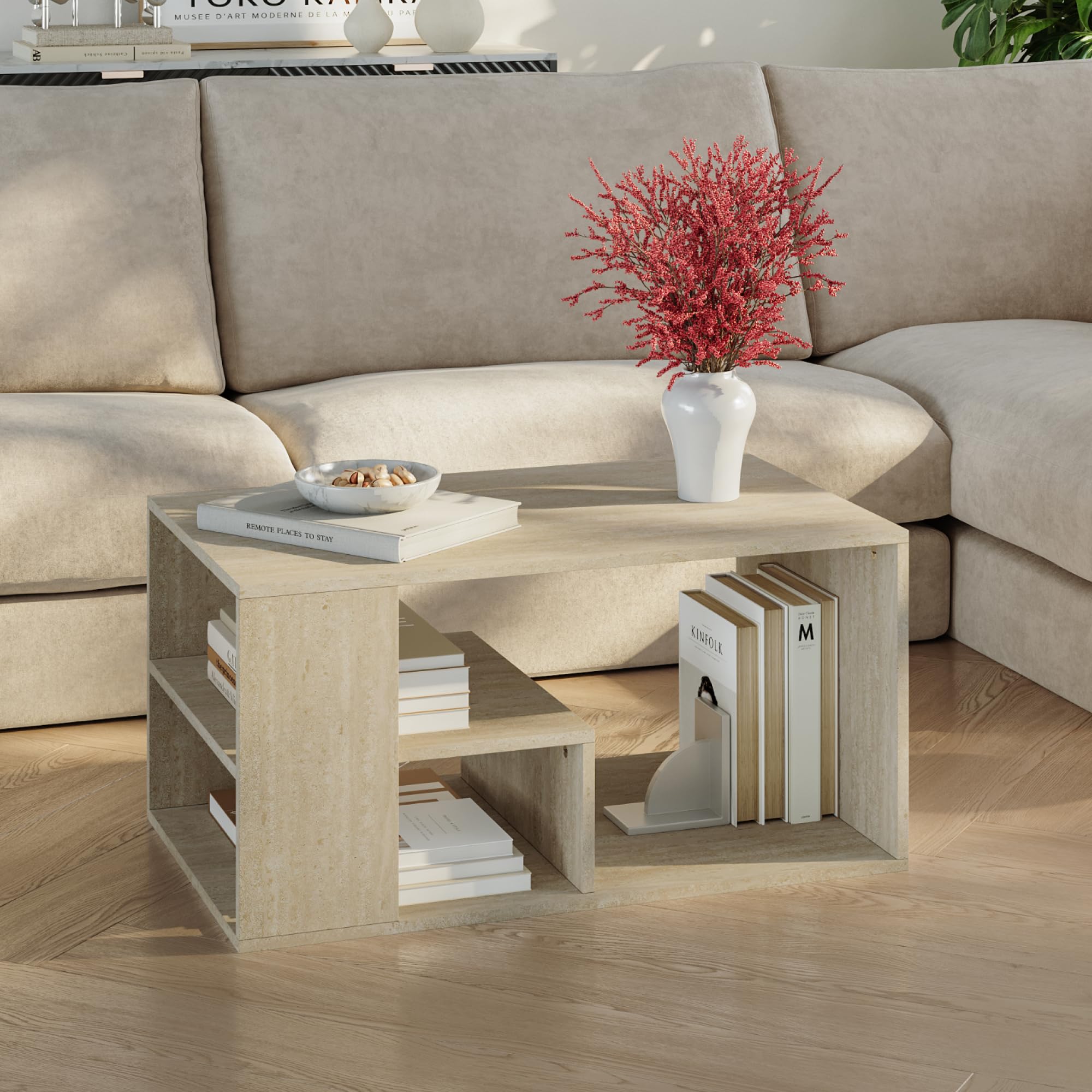 [en.casa] Tavolino da Salotto Centrale con Piano Rettangolare Tavolo Basso da Caffè con Scomparti Aperti per Soggiorno Living Studio 80 x 50 x 40 cm - Color Avorio Travertino