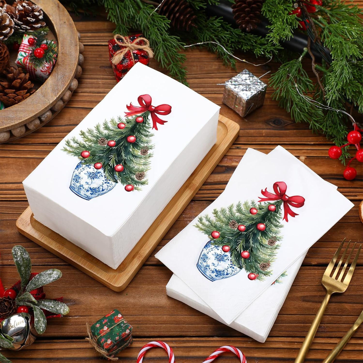 Jetec 200 Pcs Christmas Tree Disposable Hand Towels for Bathroom Chinoiserie Christmas Tree Paper Guests Napkins Decorative Disposable Guests Towels for Xmas Holiday Kitchen Dining Table