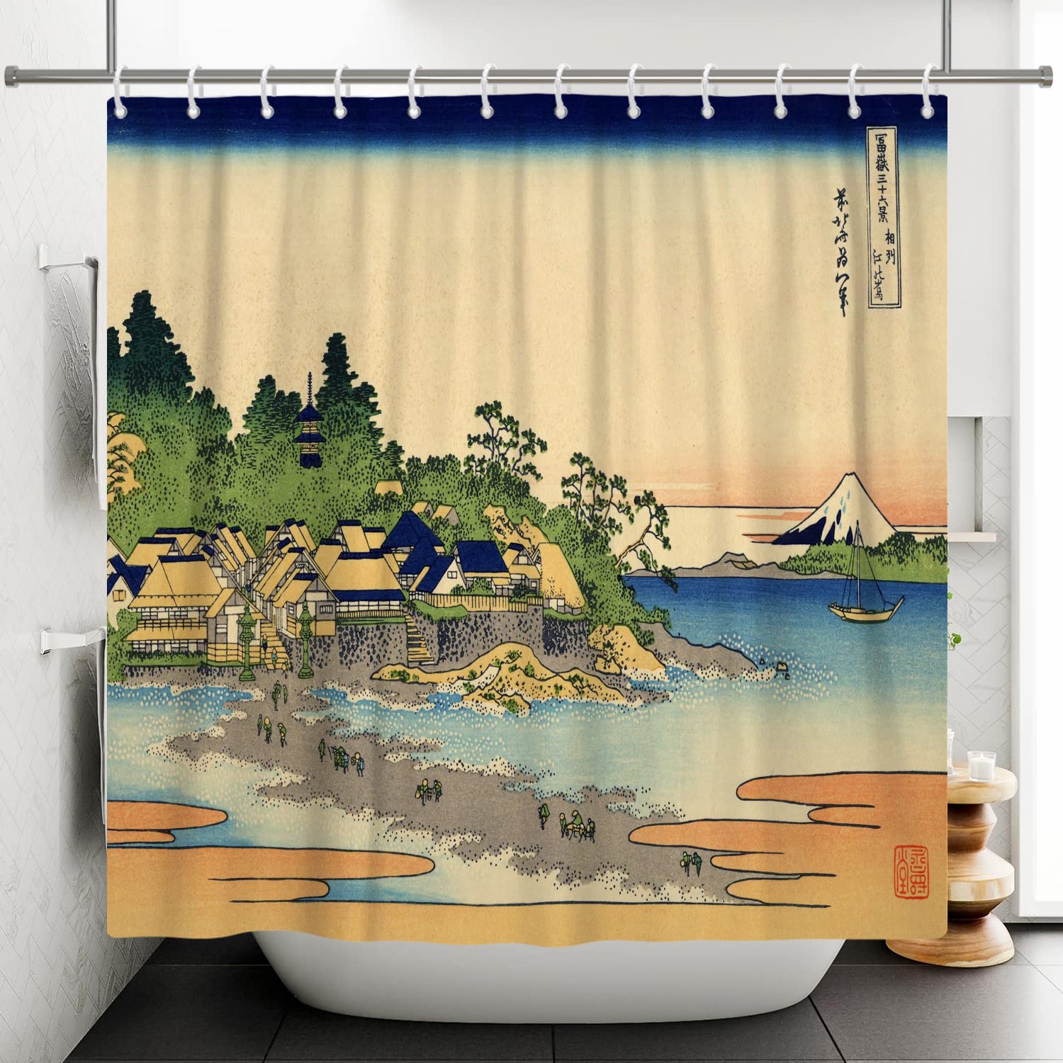 SDOTPMT 48x72inch Mount Fuji Scenery Shower Curtain Japanese Cottage Ocean Beach Orient Traditional Ethnic Anime Bath Curtain Kanagawa River Shower Curtain for Bathroom Polyester with Hooks