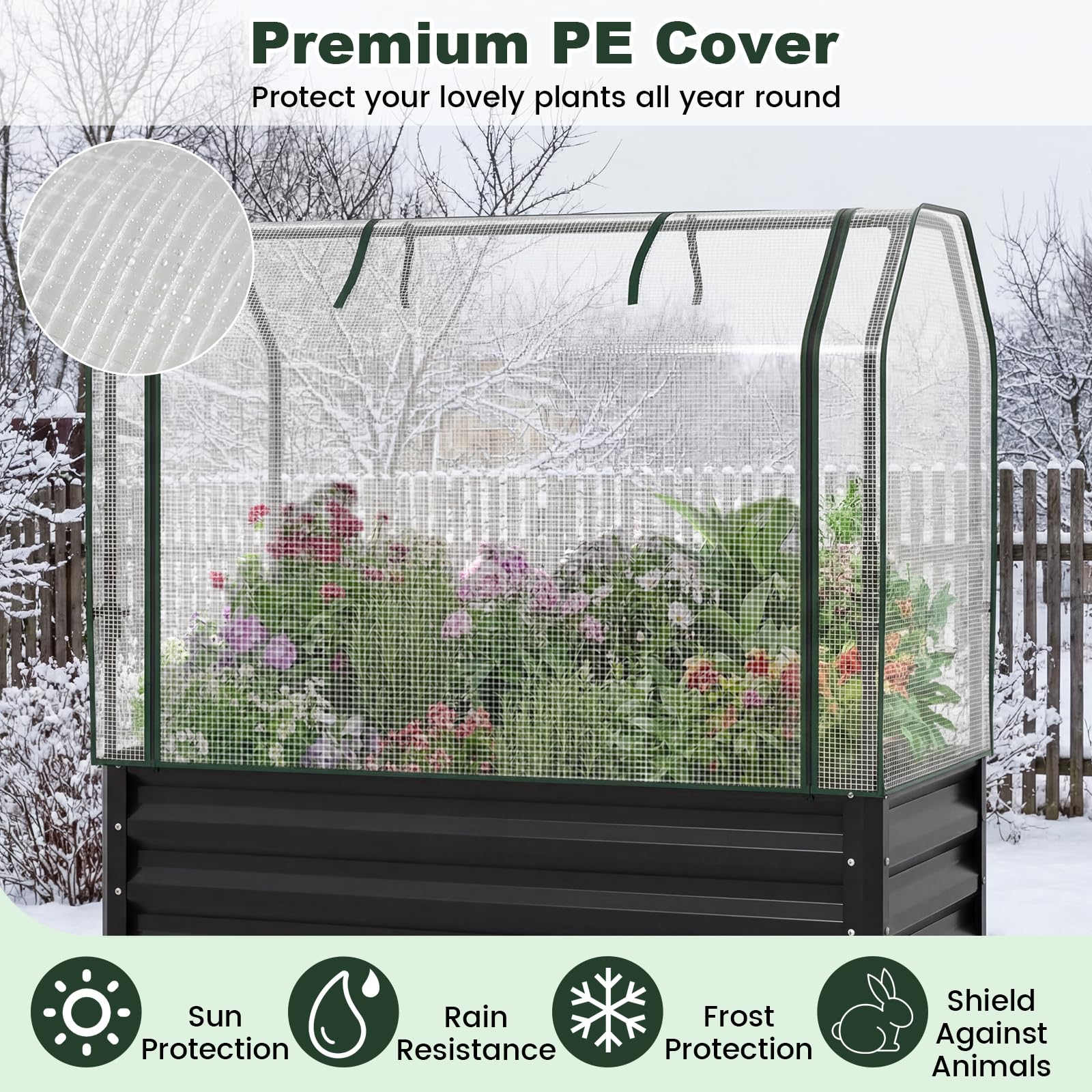 FANTASK 3 in 1 Pflanzkasten mit PE-Abdeckung, 112 x 55 x 152 cm, erhöhtes Hochbeet mit rollbarer Tür, Gartenbeet aus verzinktem Metall, Pflanzbeet, Kräuterbeet für Garten Balkon Terrasse (Schwarz)