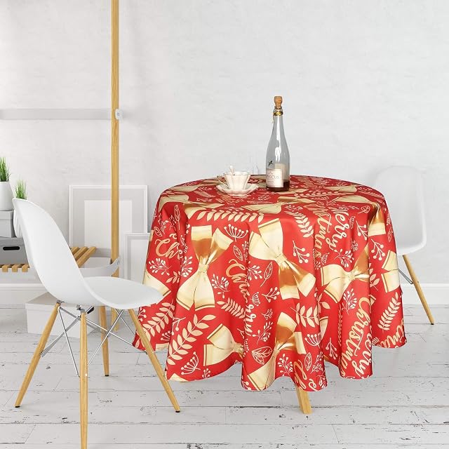 Trimming Shop Christmas Table Cloth, 70" Round Washable Wipe Clean Water Resistant Xmas Table Cloth Christmas Bow Ribbon Table Cover for Christmas Party, Winter Holiday Home Decorations