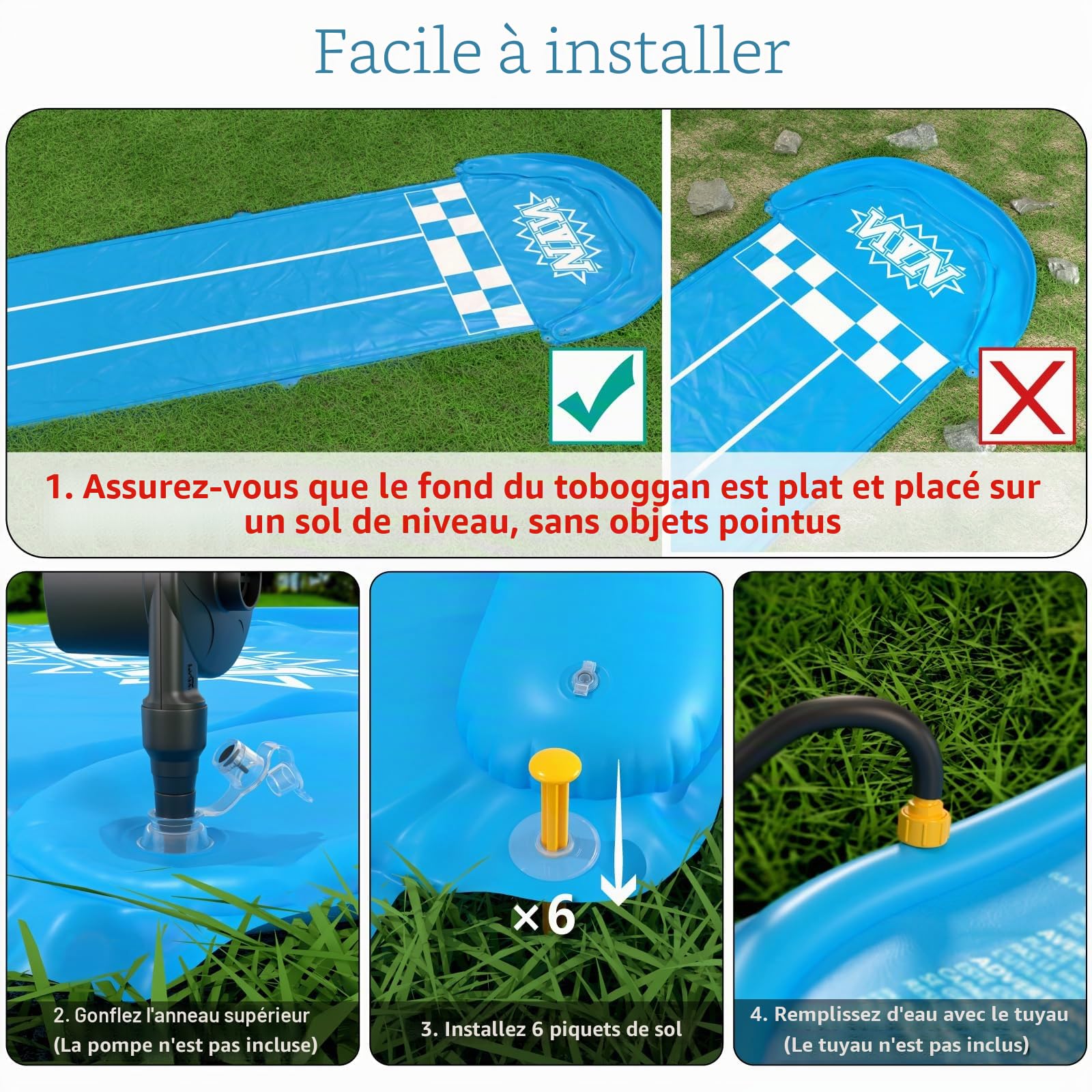 Jasonwell Toboggan aquatique pour pelouse – 6 m – Toboggan aquatique robuste pour enfants et adultes avec arroseur d'éclaboussures N 3 bodyboards arrière-cour été extérieur jouets aquatiques (course à
