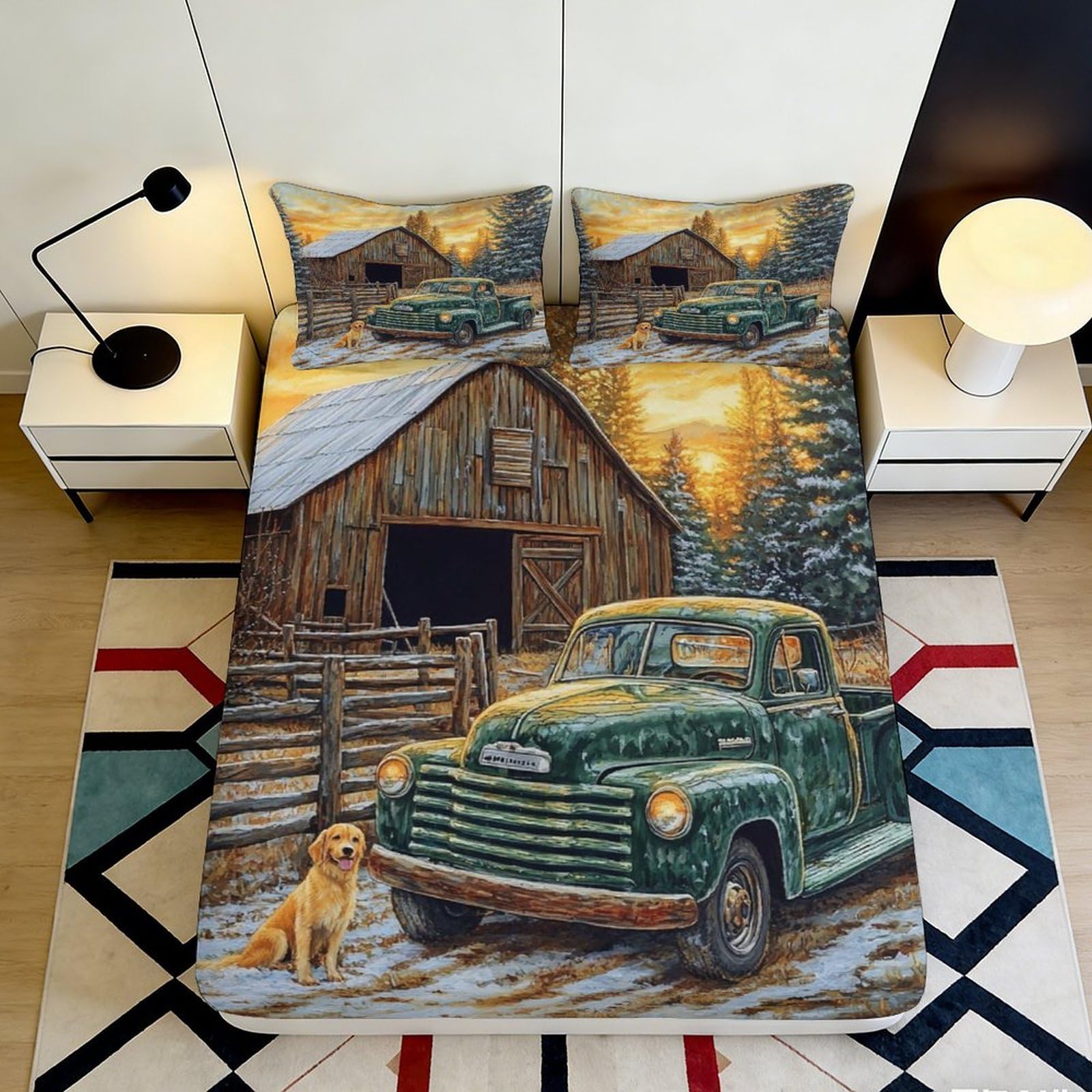 3D Printed Vintage Barn Truck Fitted Sheet Microfiber Soft Cozy Countryside Dog Bed Cover for Bedroom Guest Room Decor 120x200x25cm