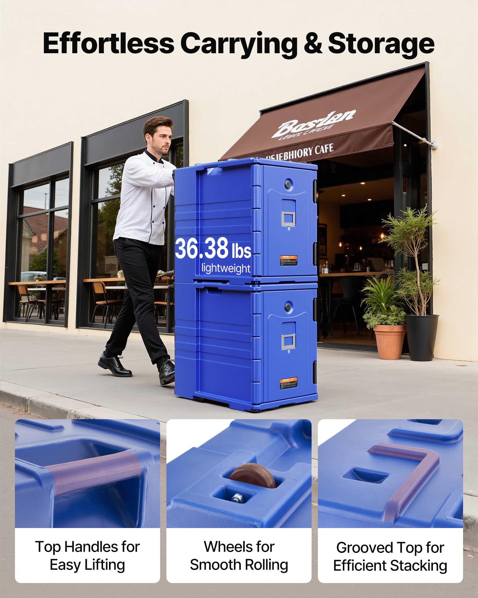 VEVOR Conteneur Isotherme pour Bac Gastronorme 90 L, Boîte de Transport Alimentaire Empilable, Chargement Frontal, avec Doubles Boucles et Poignées, Porte-plateaux pour Restauration Cantine, Bleu