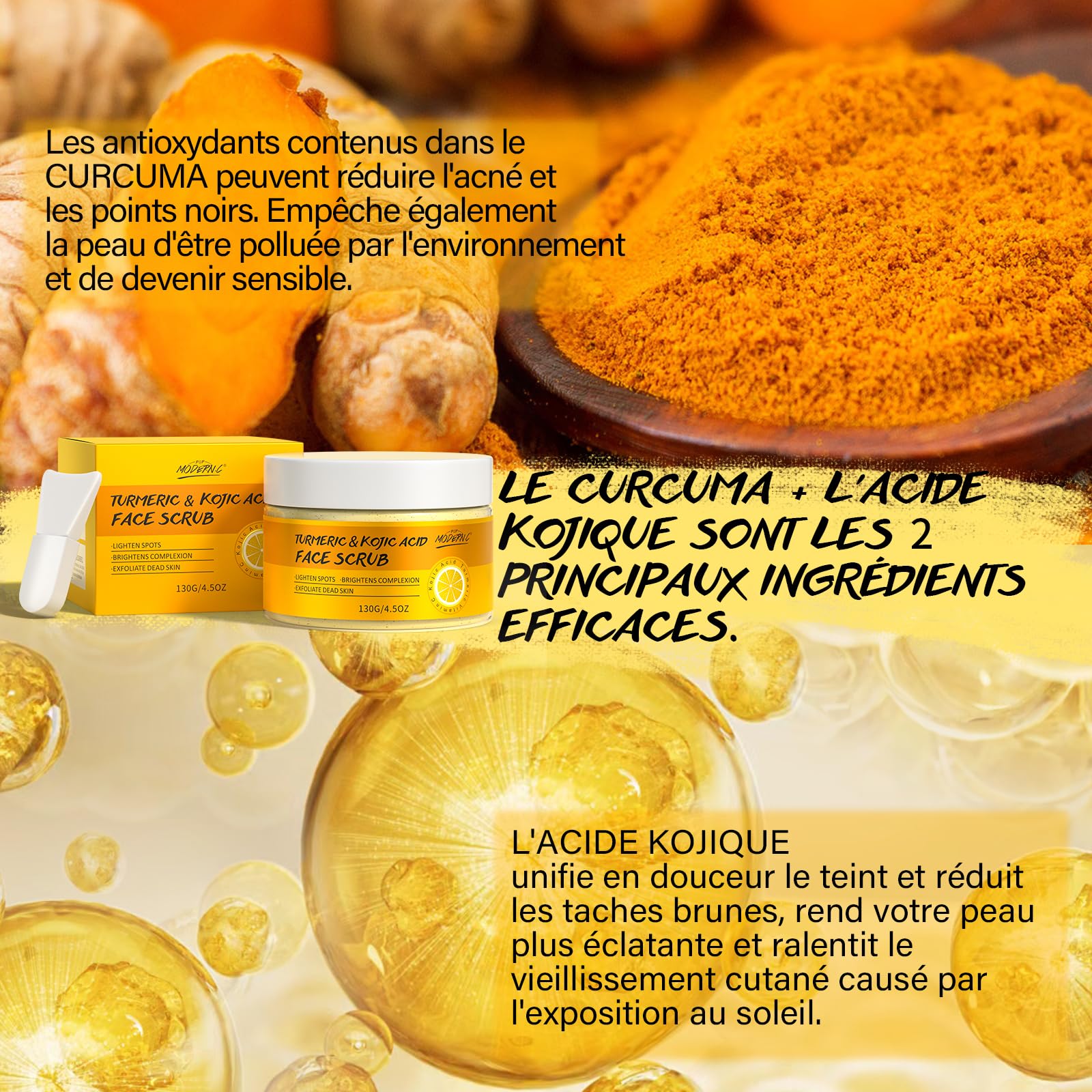Gommage Visage à L'Acide Kojique, Gommage Visage au Curcuma, Exfoliant à la Vitamine C, AméLiore les Points Noirs et L'Acné, Convient aux Hommes et Aux Femmes, Cadeau FêTe des MèRes, 130g