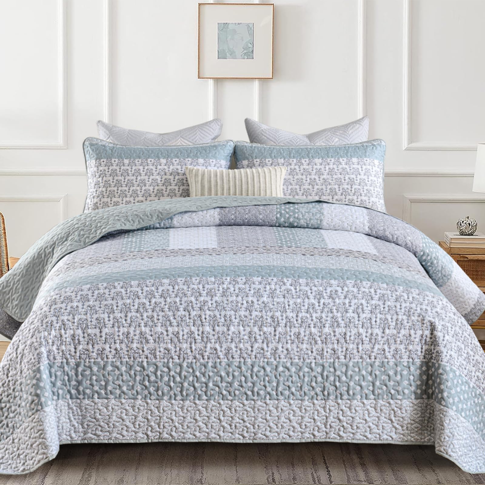 WONGS BEDDING Green Quilt Queen Size, Bohemian Stripe Quilt Sets 3 Pieces Boho Quilted Bedspread Set Lightweight Microfiber Coverlet Bedding Set All Season (96"x90")