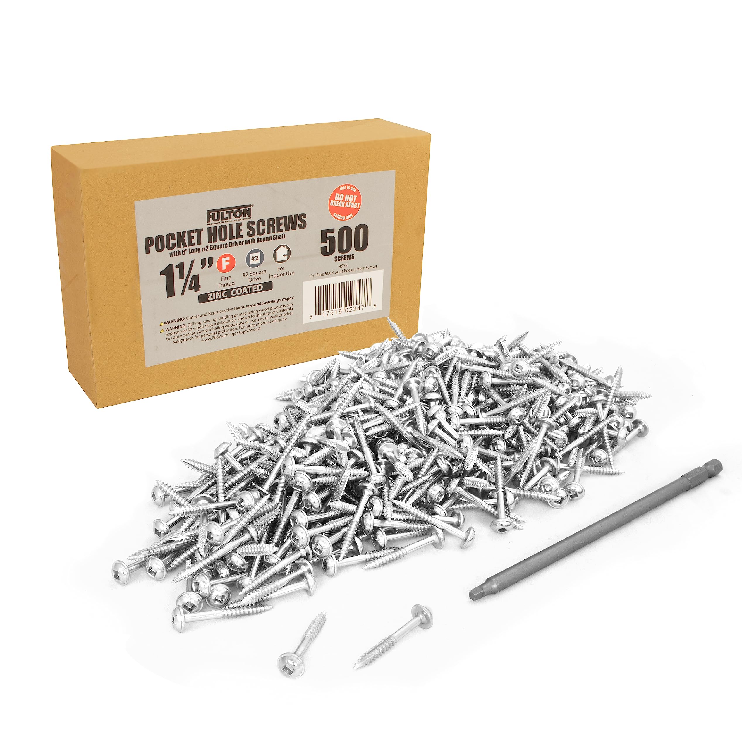 Fulton Woodworking Tools 500 Zinc Coated #8 x 1 ¼ Washer Head Pocket Hole Self Tapping Wood Screws with Fine Threads and a 6" #2 Square Driver