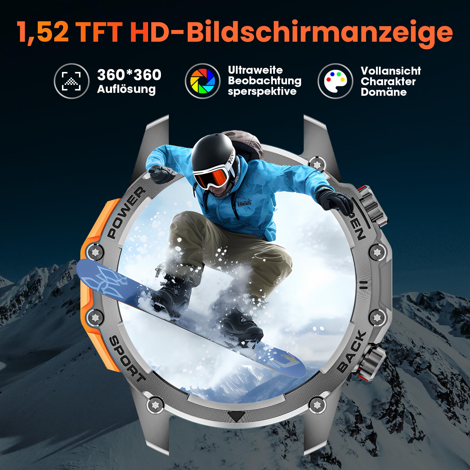 Smartwatch męski, 1,52" HD Smart Watch z 500 mAh, długi czas pracy baterii, 114+ trybów sportowych, styl wojskowy, zegarek fitness z pulsometrem, krokomierzem, monitorem snu, latarką, z systemem
