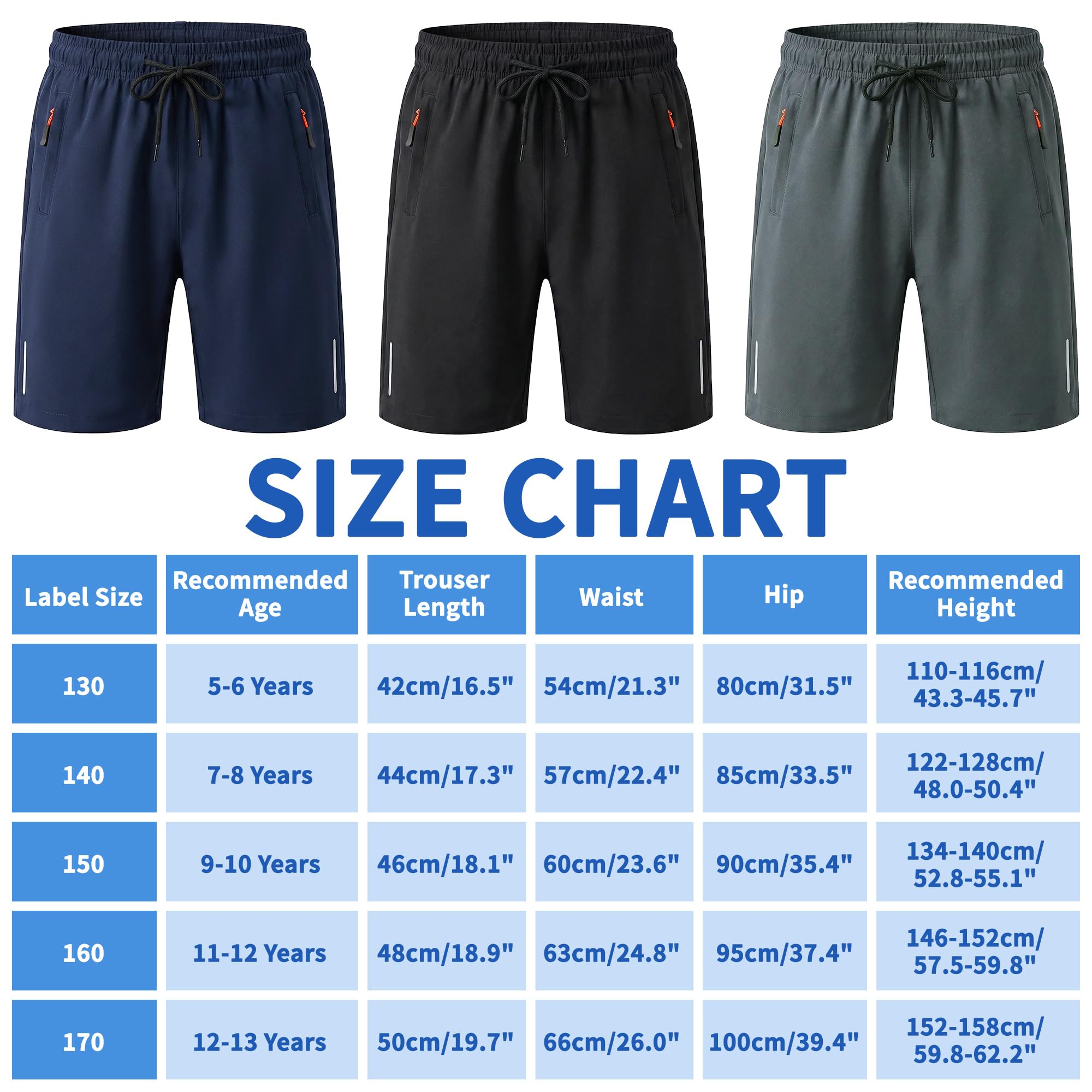 Pantalones Cortos Niños Verano, Secado Rápido Ligero Pantalón Corto Deportivos con Bolsillos con Cremallera y Cintura Elástica Cómodos Casual Deporte Shorts para Infantil 5-13 Años