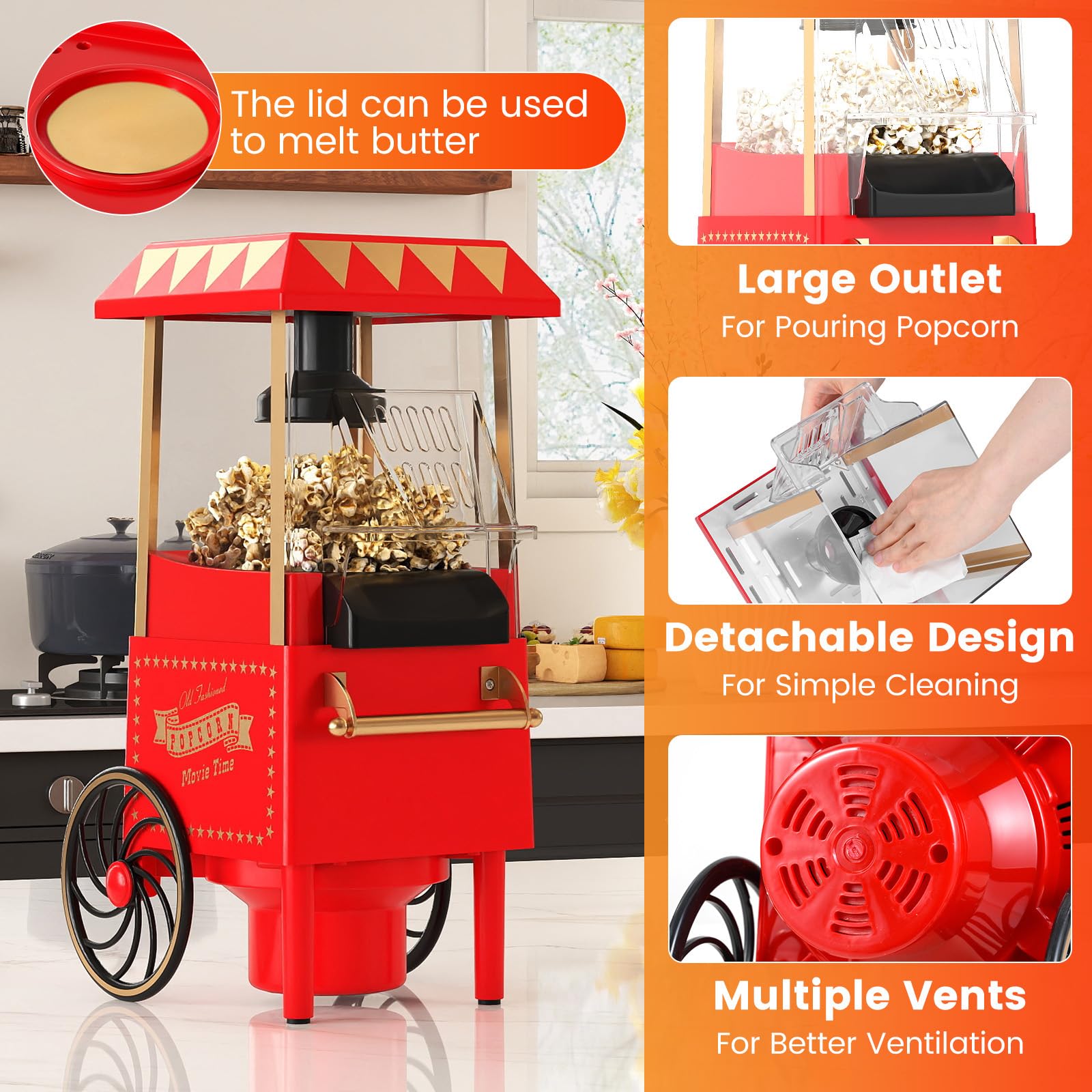 LIFEZEAL Macchina Popcorn con Carrello ad Aria Calda 1200W, Macchinetta Popcorn Elettrica con Misurino da 67 ml per Chicchi di Mais, Senza Olio, Pronta in 2 Minuti, per Case e Party (Stile Retrò)