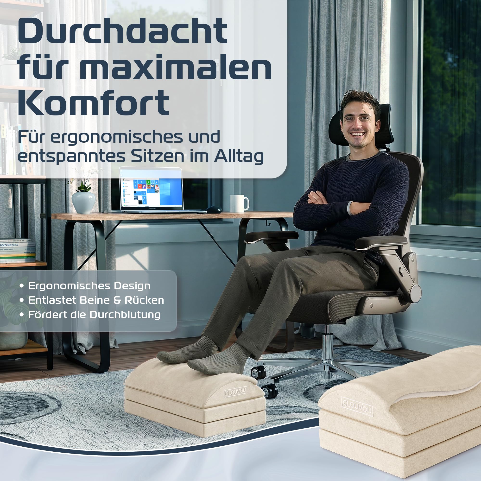CLOUVOU MasterRest Ergonomische Fußstütze Schreibtisch [TESTSIEGER] Fußhocker höhenverstellbar - Fußablage Schreibtisch - Fußstütze Büro - Fußkissen für Homeoffice - Traumhaft Flauschig