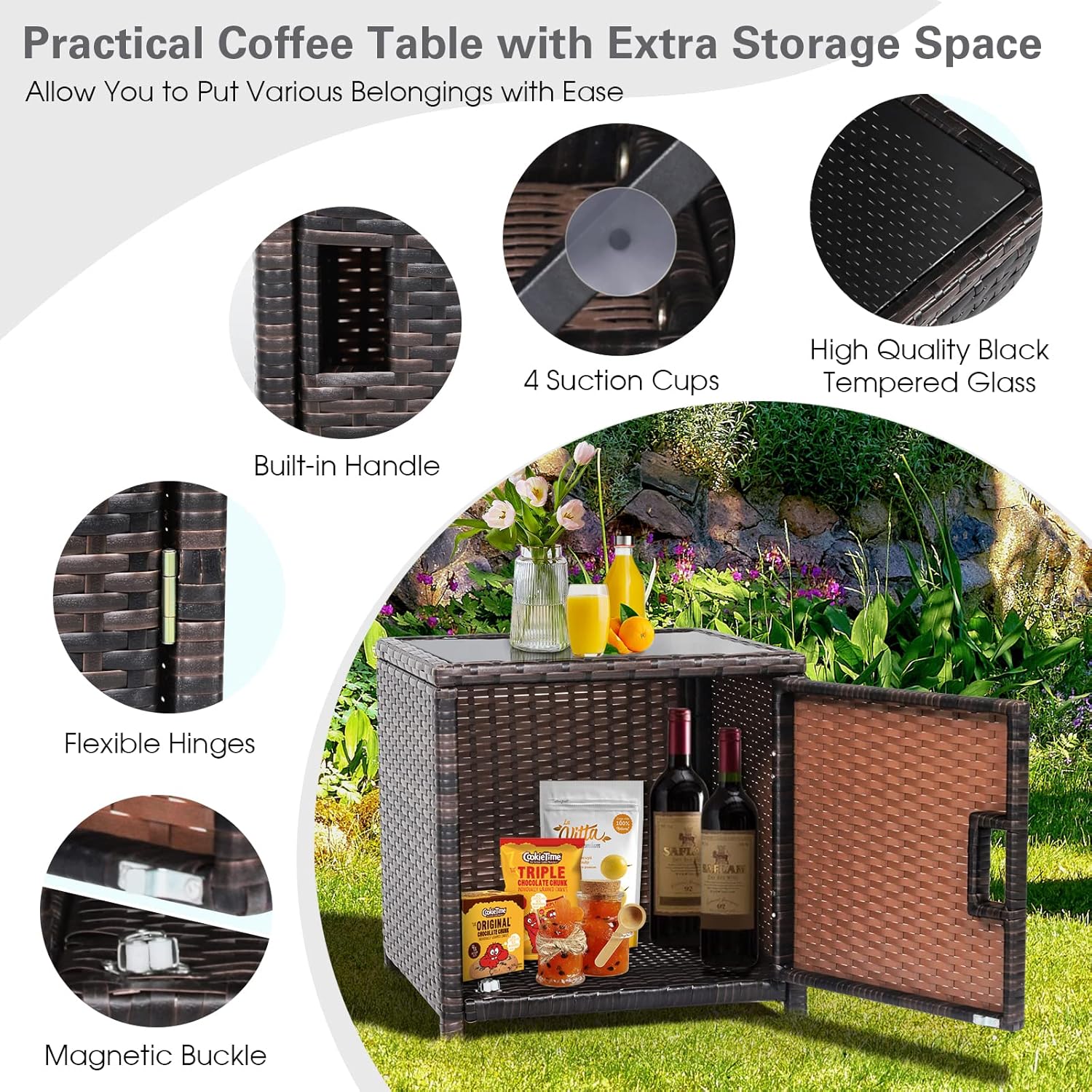 Tangkula 3 Pieces Outdoor Wicker Conversation Set with Waterproof Cover, 2 Patio PE Rattan Cushioned Chairs with Side Storage Table, Suitable for Front Porch, Balcony, Garden, Poolside (White)