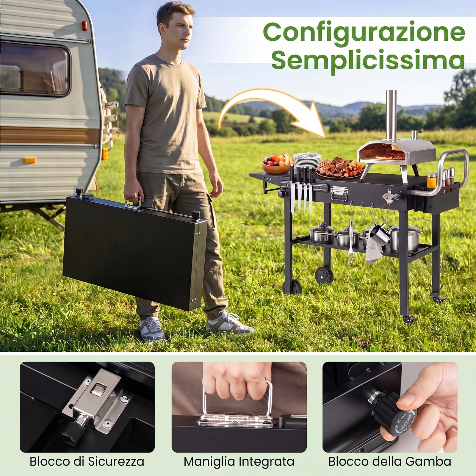 COSTWAY Carrello per Barbecue con 4 Ruote, per Festa e Campeggio | Carrello per Grill da Esterno con Portaspezie Apribottiglie Portautensili Magnetico e Ganci, Isola da Cucina, 118x43x88 cm