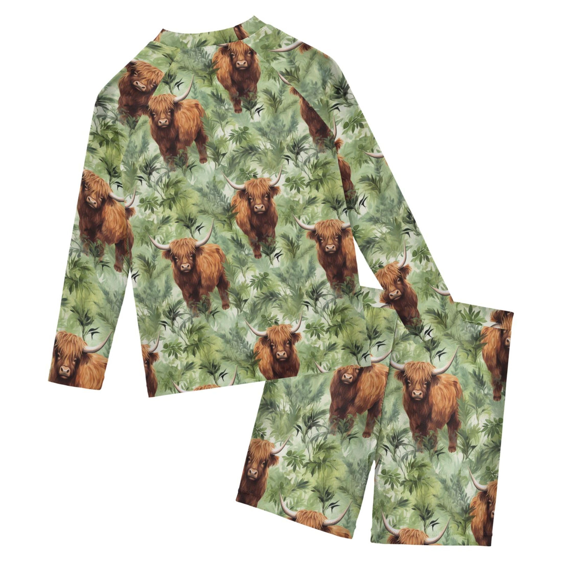 Highland Cow Forest Boys Rash Guard Swimsuits Set for Boys Long Sleeve Swim Shirts Bathing Suits B0403036