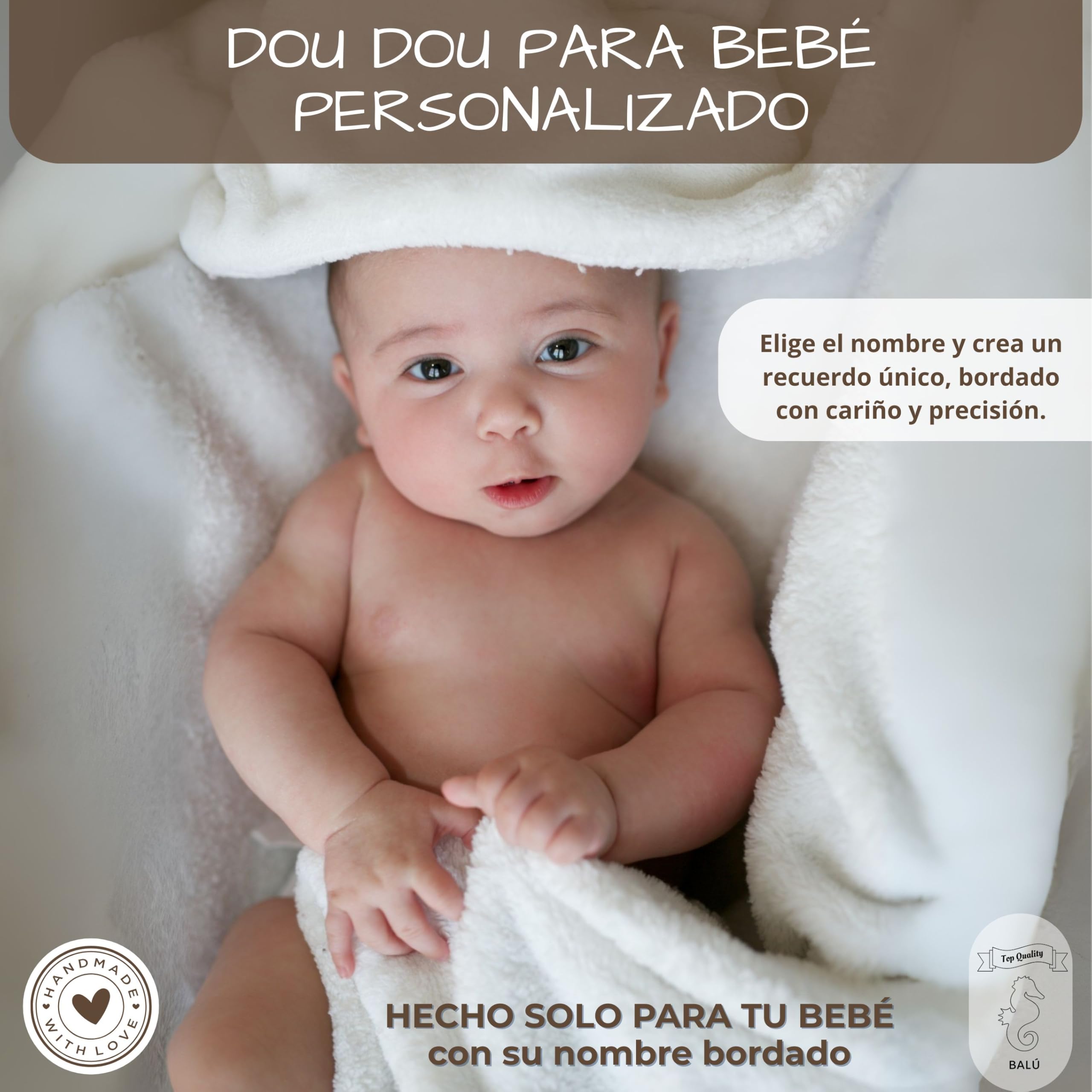 Balú Doudou Bebé Personalizado con Nombre Bordado | Oso Peluche Personalizado Bebe | Suave | Hipoalergénico | Dudu Recién Nacido Unisex | Regalo para Recién Nacido | 23cmx23cm | 4 Colores a Elegir