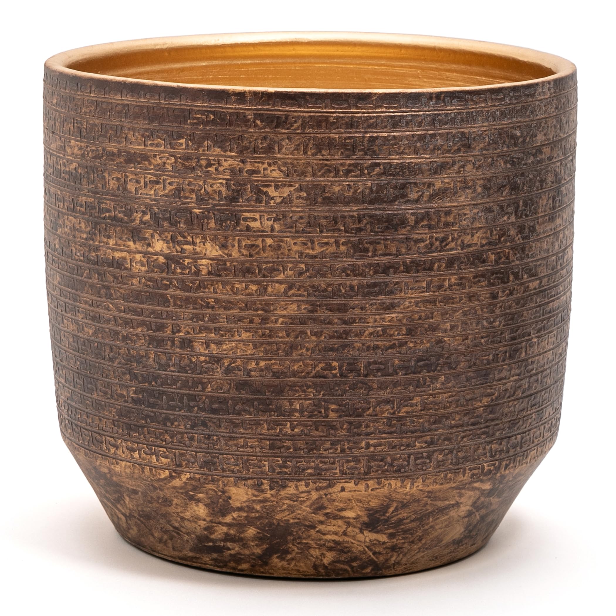 Grande e Elegante VASO in Terracotta | Vaso Decorativo Moderno per Piante, Fiori, Piante grasse, Piccoli Alberi | da Interno o Esterno. (Marrone/Oro, Ø35 - h.32cm)