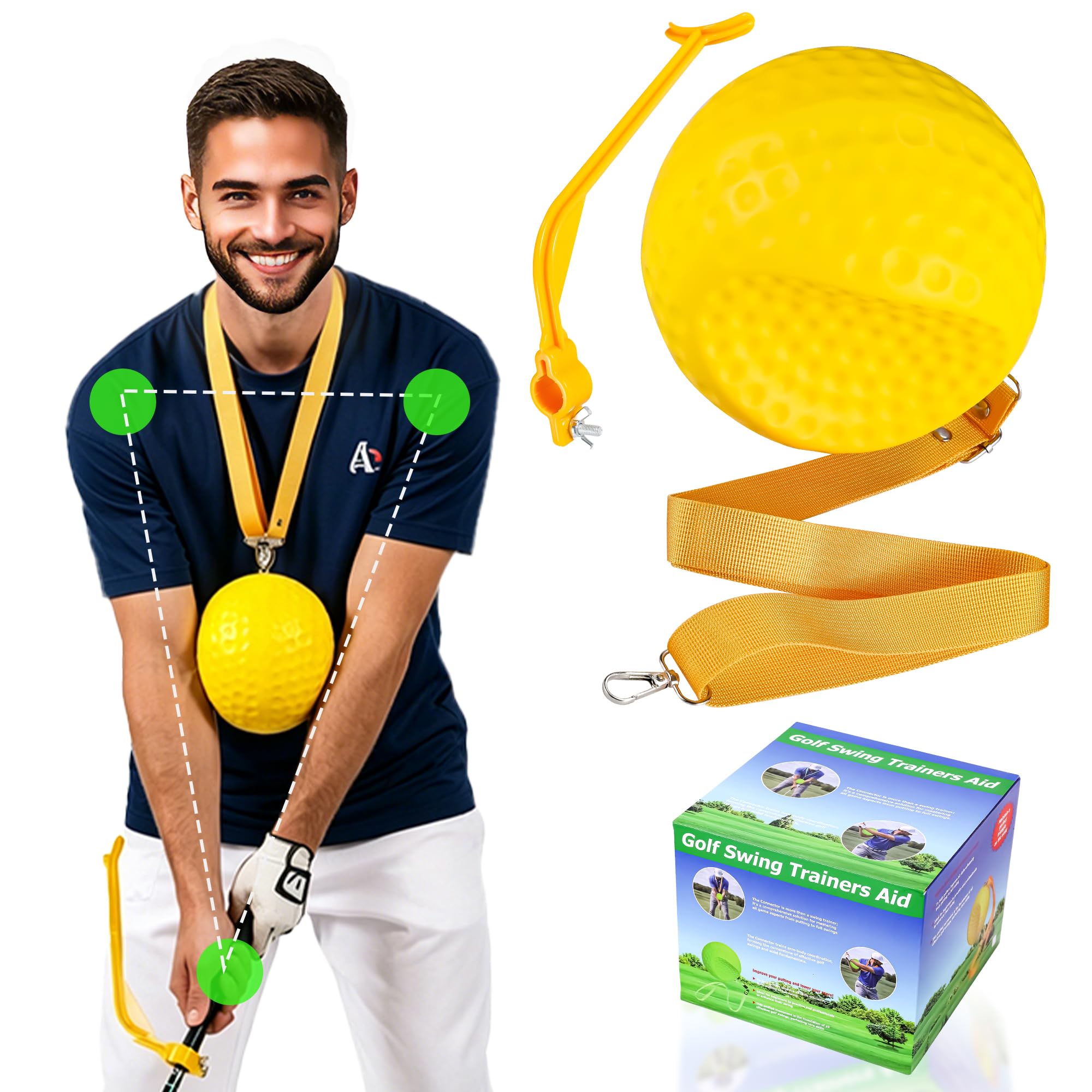 Lukvcoe Golf Training Aid - Golf Swing Trainer with Extra-Long Adjustable Lanyard for Posture Correction - High-Density PU Connector Ball for Muscle Memory and Arm Synchronization - Yellow