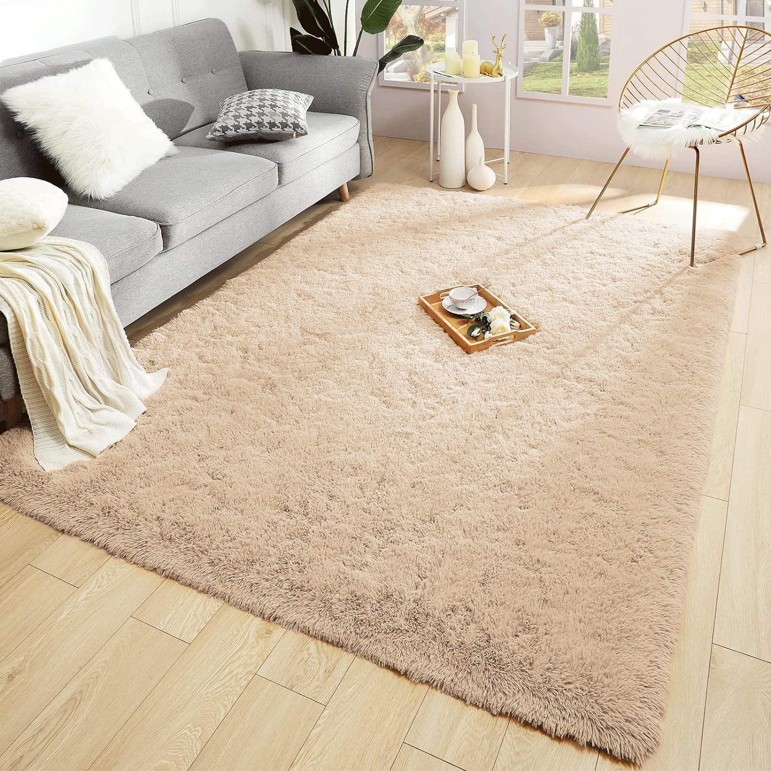 BedLooms Rugs Living Room Large 200x290 cm – Beige Area Rugs for Bedroom Non Slip – Modern Super Soft Plush Carpets Fluffy Shaggy Rug for Lounge – Non Shedding Easy To Clean Bedside Rug