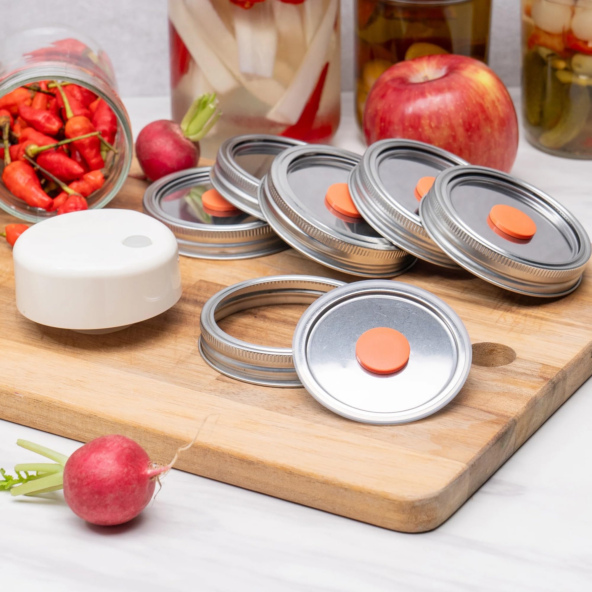 MasonSeal - Coperchi a bocca larga con sigillatore sottovuoto, confezione da 6 coperchi in acciaio inox con valvola avanzata, compatibili con Ball & Kerr MasonJars