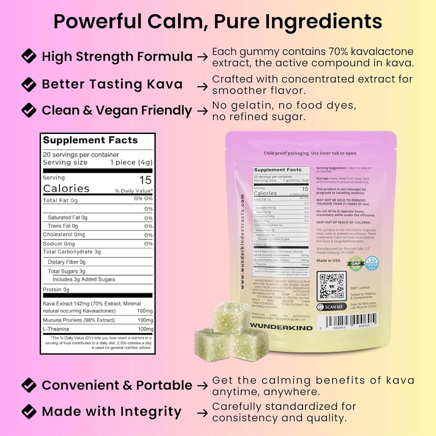 WUNDERKIND Kava Gummies Extra Strength Mood Boost - High-Potency 70% Kavalactones | Natural Stress Relief | Vegan, Clean Ingredients, No Gelatin or Dyes | 1 Gummy Per Serving | Strawberry Lemonade - Image 6