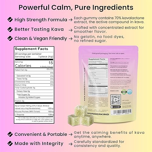 Miniatura 6 de WUNDERKIND Kava Gummies - Gomitas extra fuertes para mejorar el estado de ánimo, de alta potencia, 70% kavalactonas, alivio natural del estrés,