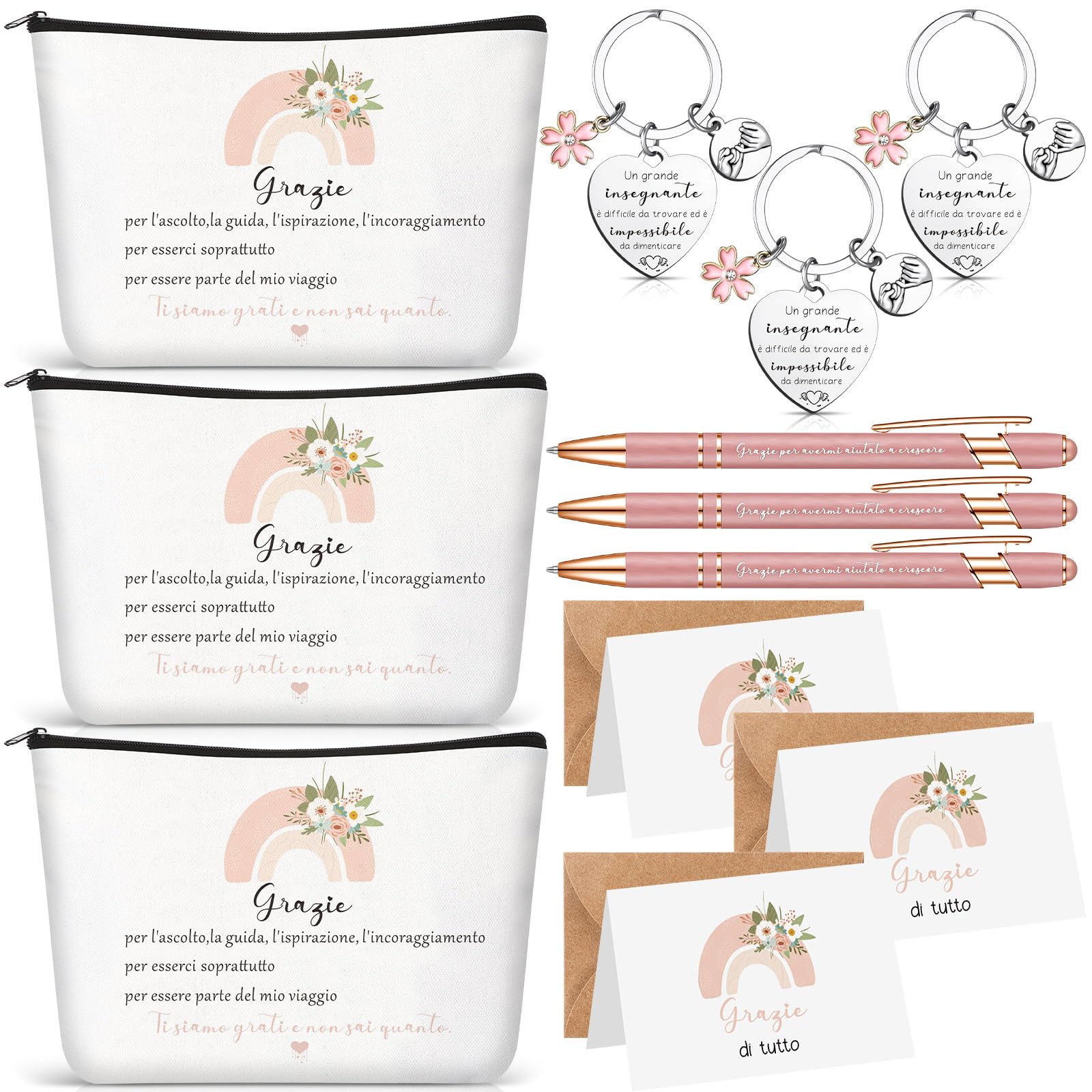Xuniea 3 Sets Regalo Maestra Regalo Maestra Fine Anno Regali per Insegnanti, Borse Cosmetici Portachiavi Penne e Biglietti per Grazie, Laurea, Compleanno, ‌Festa degli Insegnanti