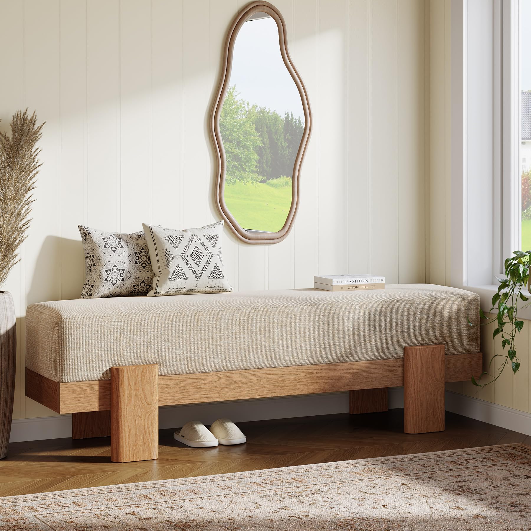 Tribesigns Banc Chaussures Entrée avec Tapissé, 140 x 35 x 45 cm, Moderne Banc à Chaussures avec Coussin épais Ultra-Moelleux et Structure en MDF, Bout de Lit pour Chambre à Coucher, Beige et Chêne