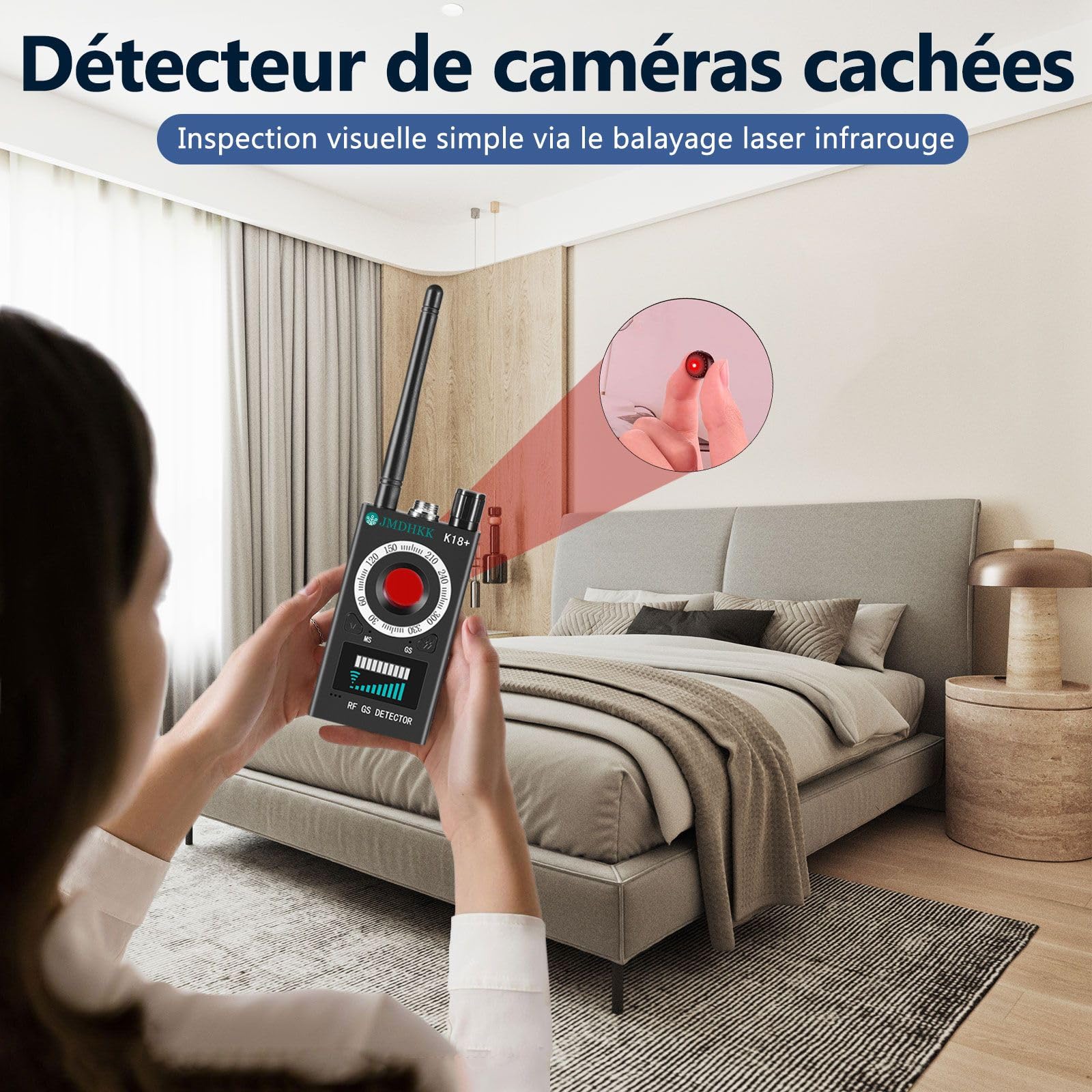 JMDHKK K18+ Détecteur de Signaux RF avec Détection Magnétique et Optique des Lentilles – Appareil de Protection de la Vie Privée pour Maison, Bureau, Hôtel et Voyage (Noir)