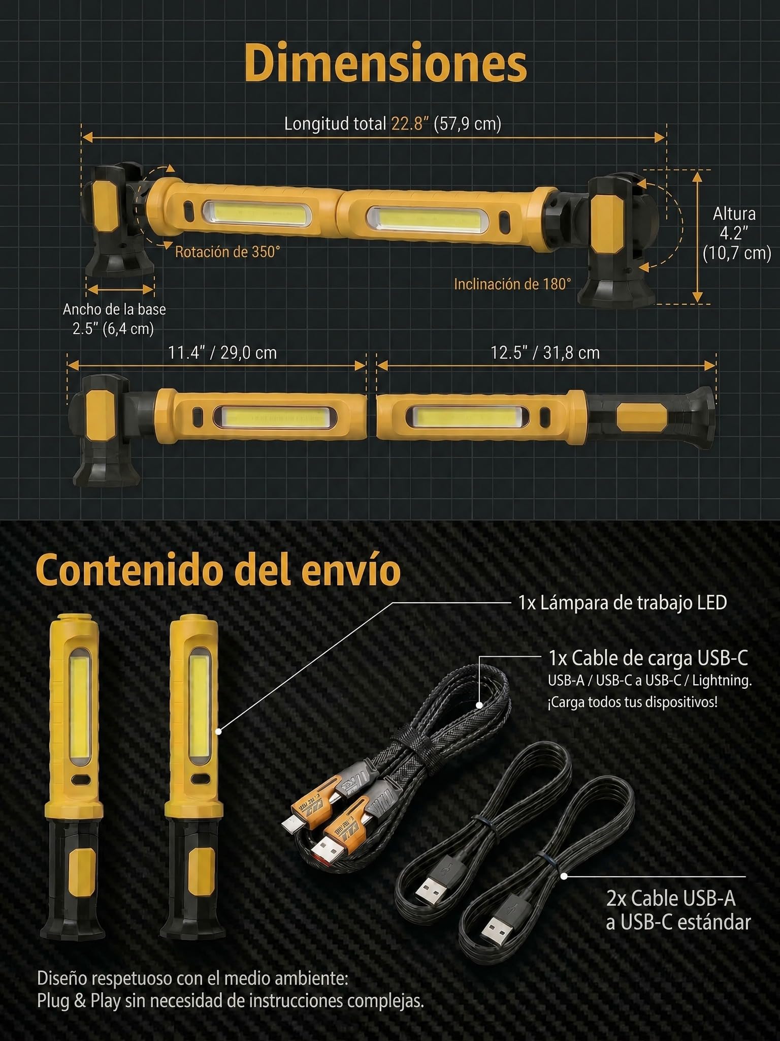 3000LM Linterna Taller Mecánico, 5200mAh Lámpara de Trabajo 2 en 1 Separable con Powerbank, Imán y Gancho, IP54 Luz SOS para Reparación de Coche (Amarillo brillante)