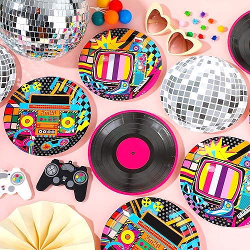 Miniatura 4 de 48 platos coloridos de papel de fiesta de los años 80 y 90, 7 pulgadas, regreso a los 90, 80, suministros de cumpleaños de hip hop, música retro,