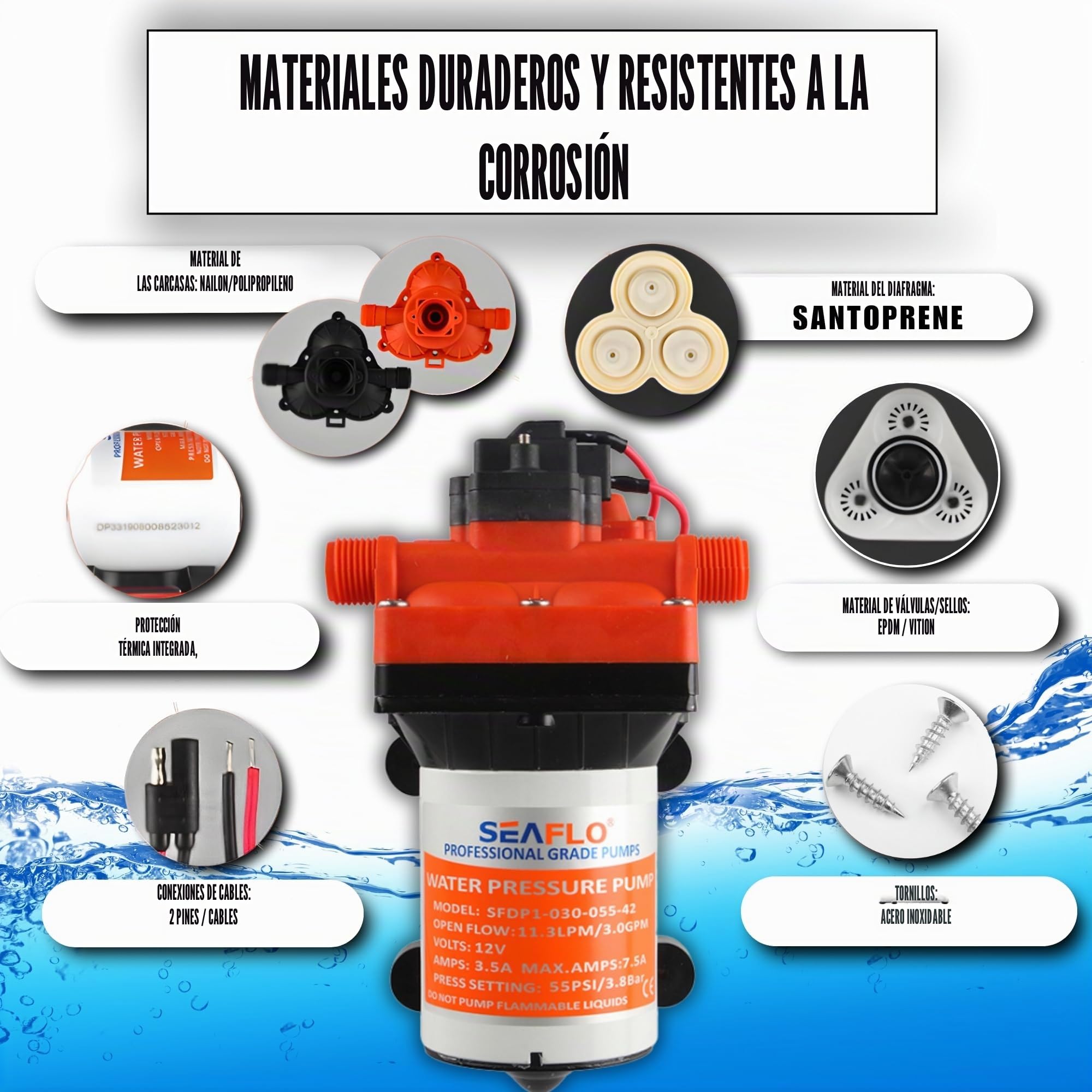 Seaflo Bomba de diafragma Serie 42 con bypass-12V/24V 3.0GPM 55PSI (12 Voltios)