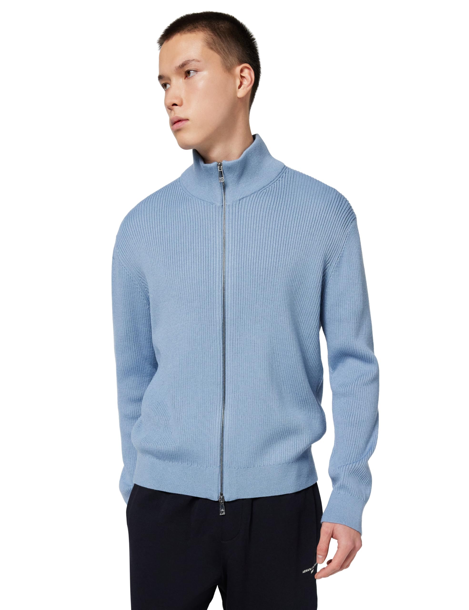 Armani Exchange Men's Faded Denim Long Sleeve Back Logo Patch Zip Closure, Cardigan Sweater, Blue, Xl, Xl
