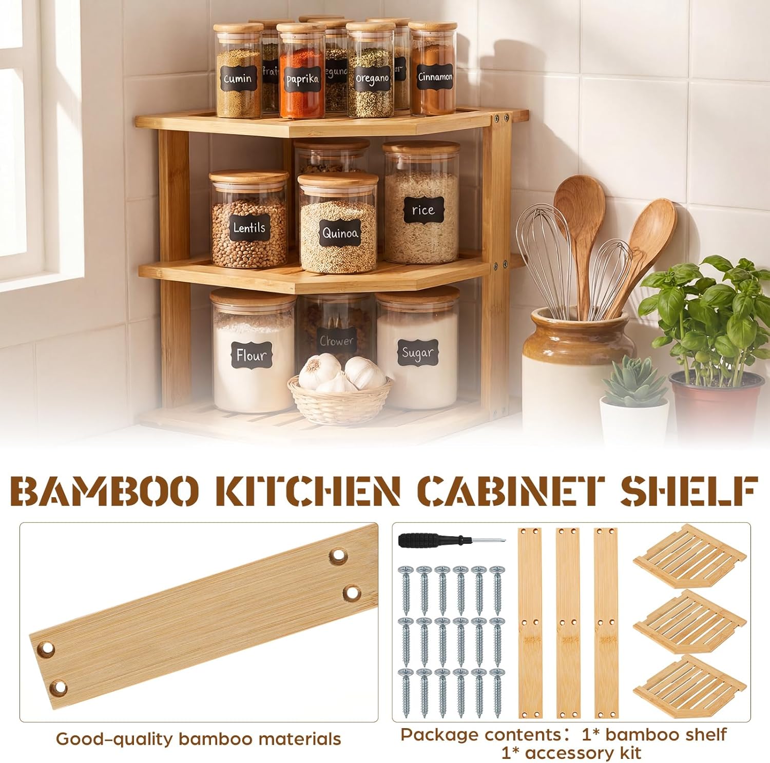 2 Pcs Corner Bamboo Shelf, Kitchen Cabinet Organizer Bamboo Bookshelf, Organizer Kitchen Shelves, Corner Cabinet Rack, Storage Shelves for Pantry Bathroom Dining Room Study Laundry