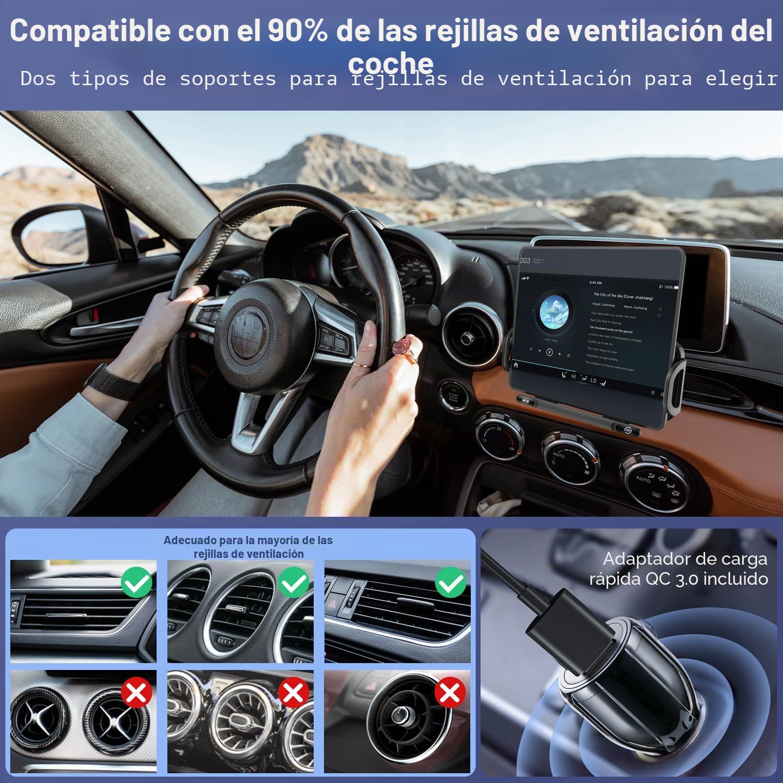 Qoosea Qi 15W Cargador Inalámbrico Coche, Bloqueo Automático Rápida Wireless Car Charger Soporte Rotación de 90°Sujeta Movil Coche Compatible con Galaxy Z Fold 6/5/4/3/2 Z Flip 6/5/4/3 iPhone Xiaomi
