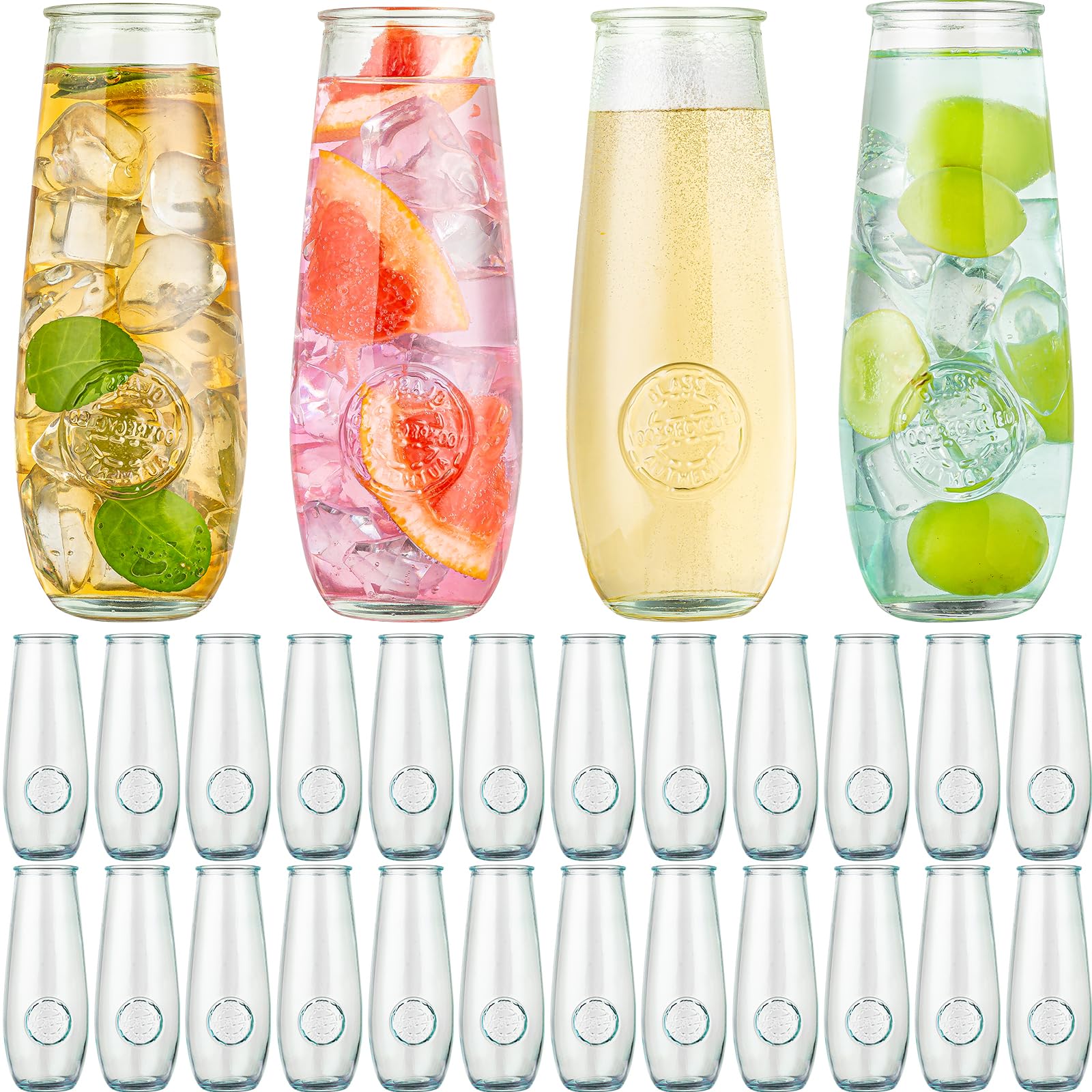 wookgreat Stemless Champagne Flutes Set of 24, 10 oz Champagne Glasses, Toasting Glasses, Prosecco Mimosa Glasses, Made Of Recycled Glass, Embossed Stemless Champagne Flutes for Wedding, Party, Easter