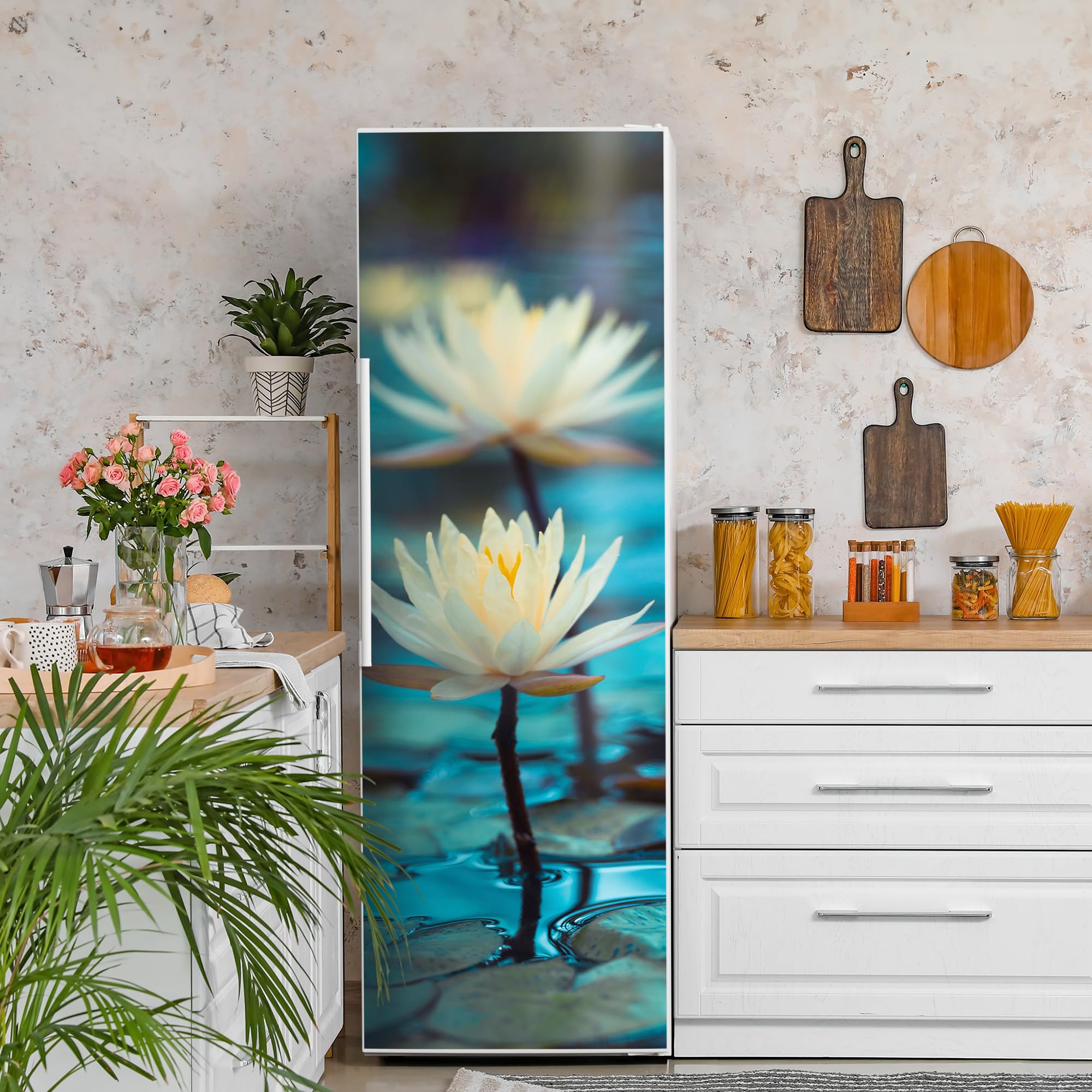 DEQORI Pellicola magnetica per frigorifero, 60 x 180 cm, motivo ninfee, serenità, tappetino magnetico decorativo per congelatore, pellicola decorativa autoadesiva, magnetica e impermeabile