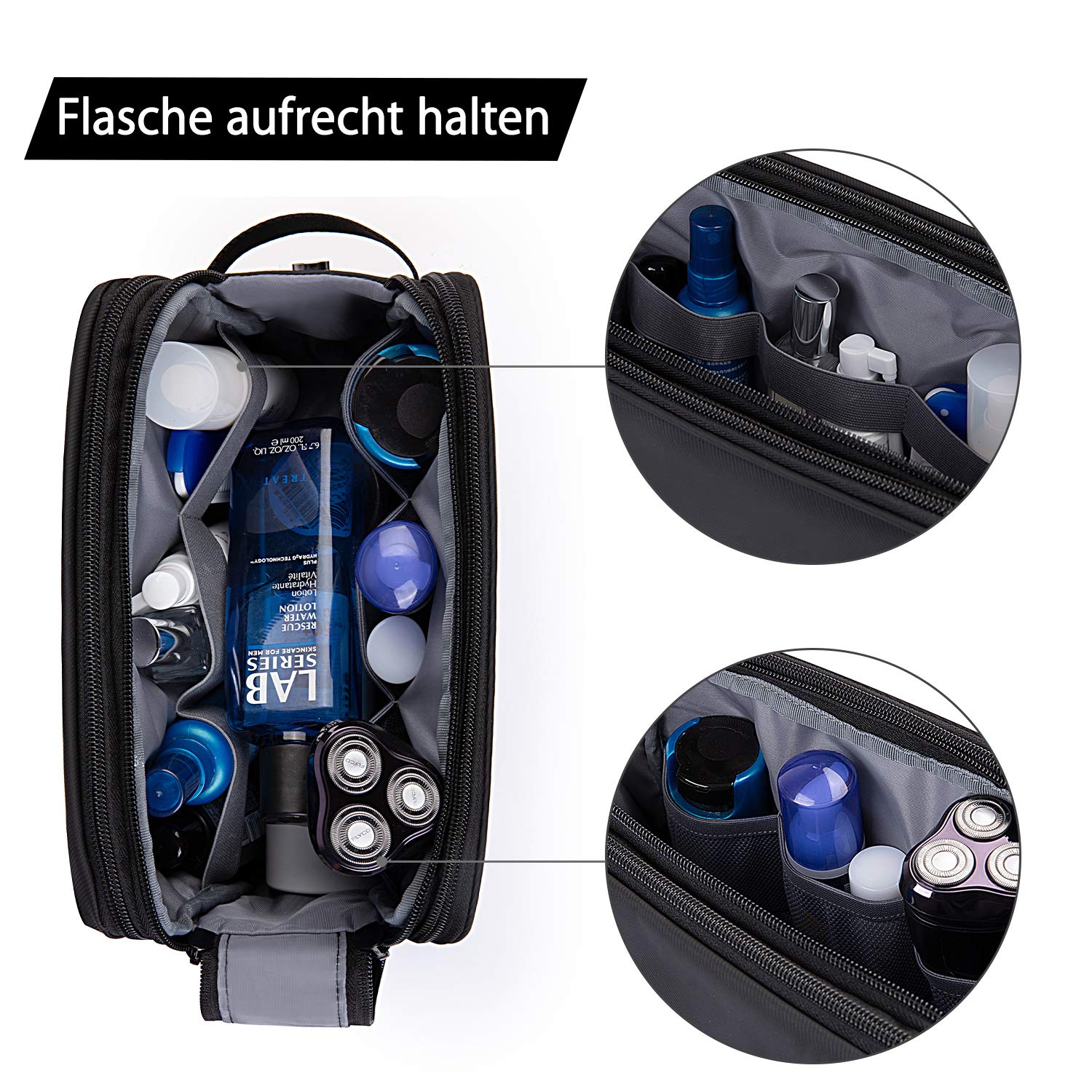 BAGSMART Kulturbeutel für Herren, Reise Kulturtasche Reisezubehör Kosmetiktasche mit Doppelter Reißverschlussöffnung Großer Stauraum, 5L-Schwarz