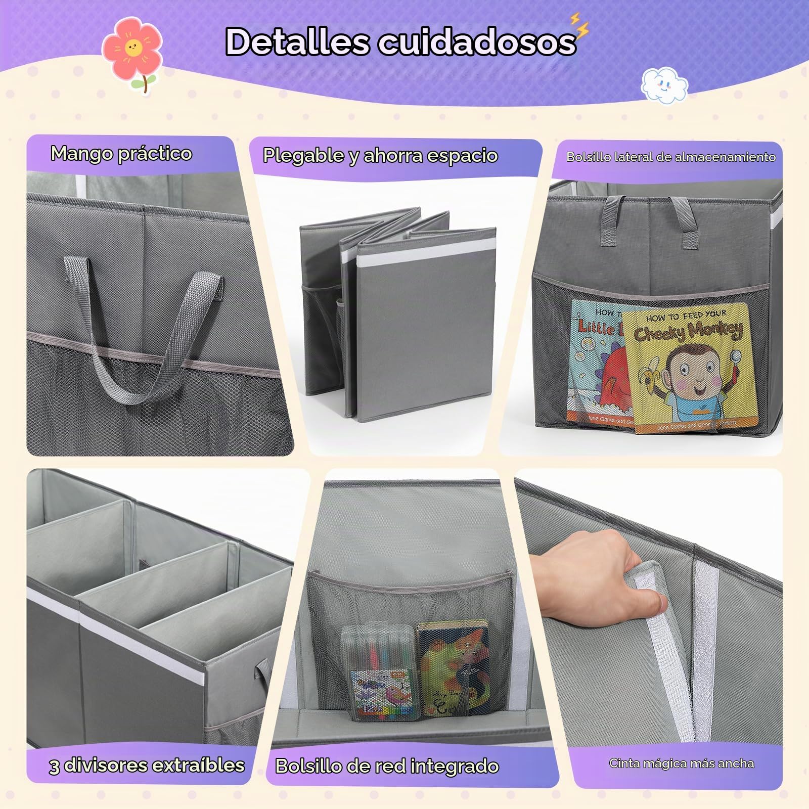 Lewondr 160L Extragrande Cesta de Almacenamiento para Juguetes con Tapas | Caja Plegable Almacenaje Juguetes Niños y Niñas, 3 Separadores Extraíbles, Salón y Guardería, 100 × 40 × 40 cm, Gris
